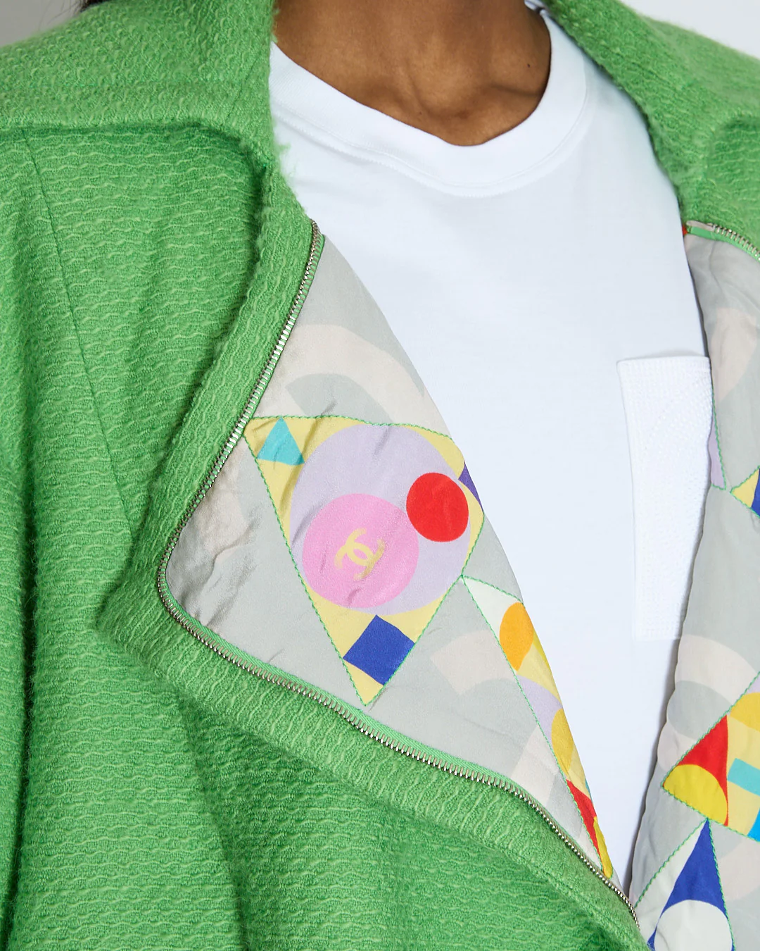 Chanel AW/14 Green Wool Tweed Coat with Pocket Details and Silver Embellished Logo Buttons Size FR 36 (UK 8) - Image 5