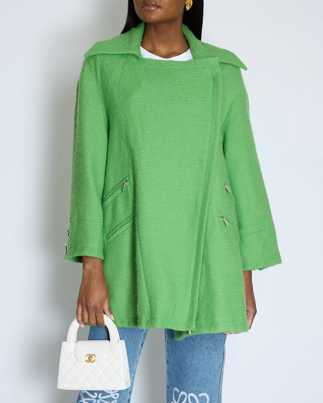 Chanel AW/14 Green Wool Tweed Coat with Pocket Details and Silver Embellished Logo Buttons Size FR 36 (UK 8) - Image 6