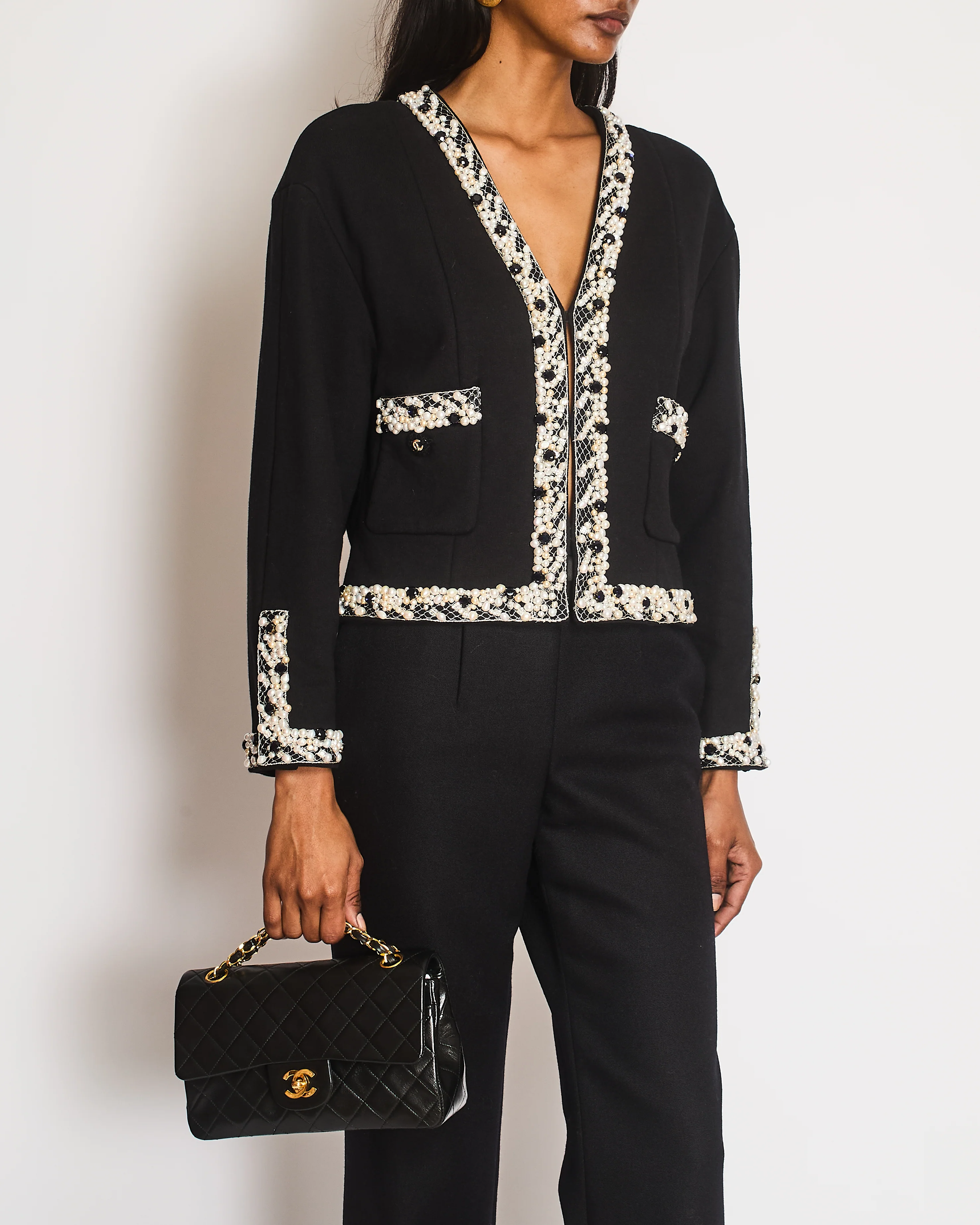 Chanel 20 Pre-Fall Black Jacket with Stones and Pearl Embellished Collar and Cuff Detail with CC Buttons Size FR 40 (UK 12) - Image 2