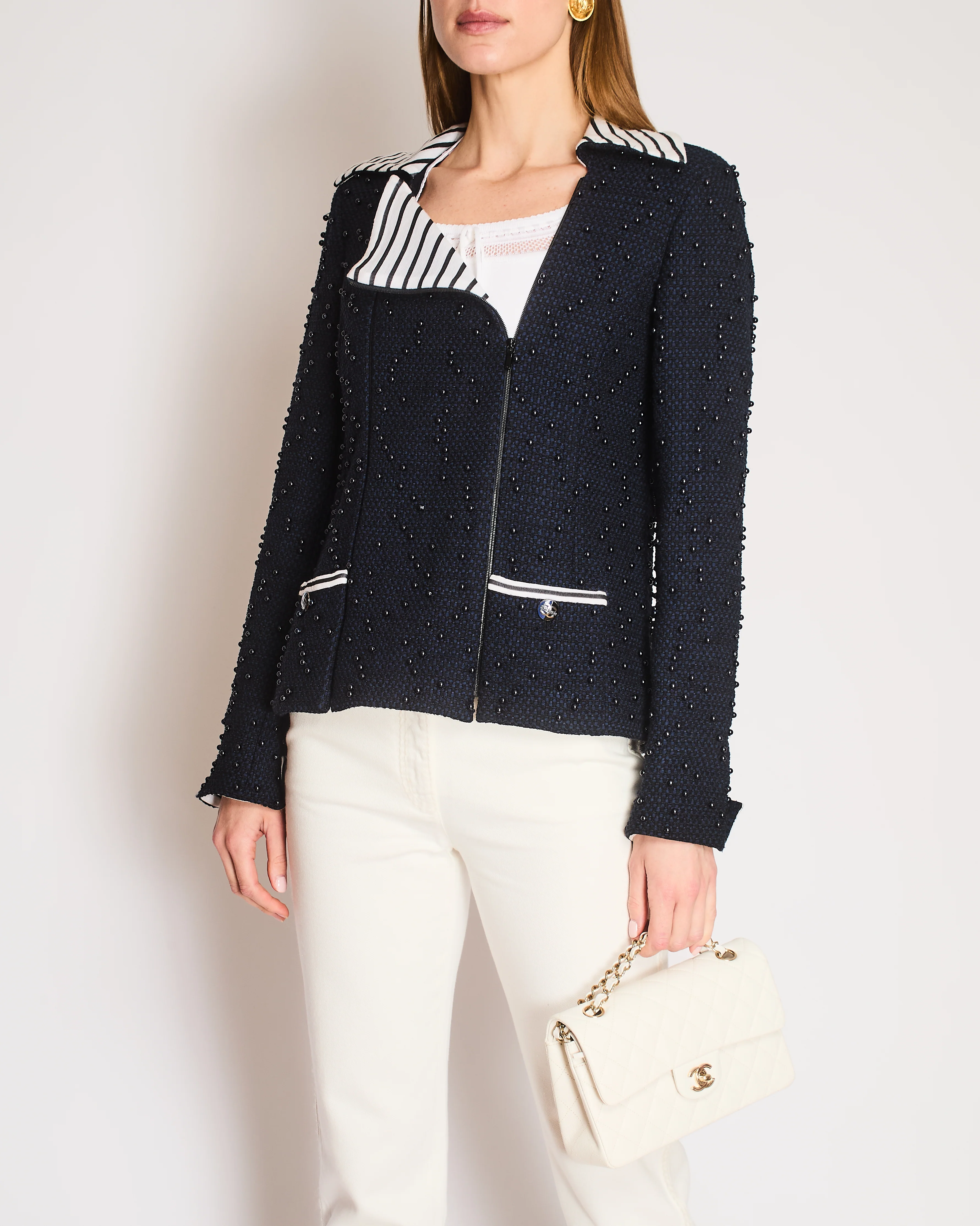 Chanel Pre-Spring 2017 Collection Navy Blue Beaded Tweed Jacket with Striped Collar Detail Size FR 40 (UK 12)