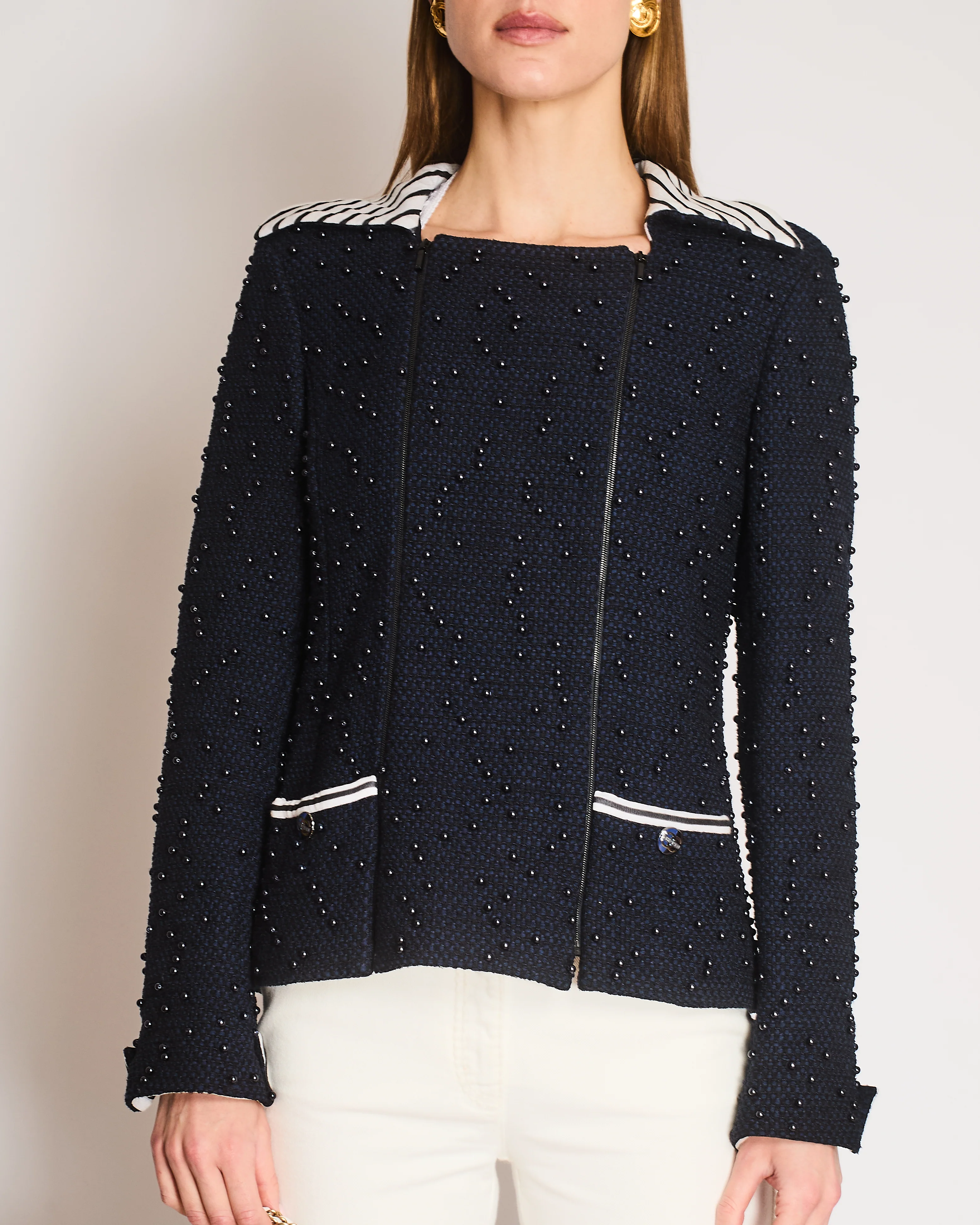 Chanel Pre-Spring 2017 Collection Navy Blue Beaded Tweed Jacket with Striped Collar Detail Size FR 40 (UK 12) - Image 2