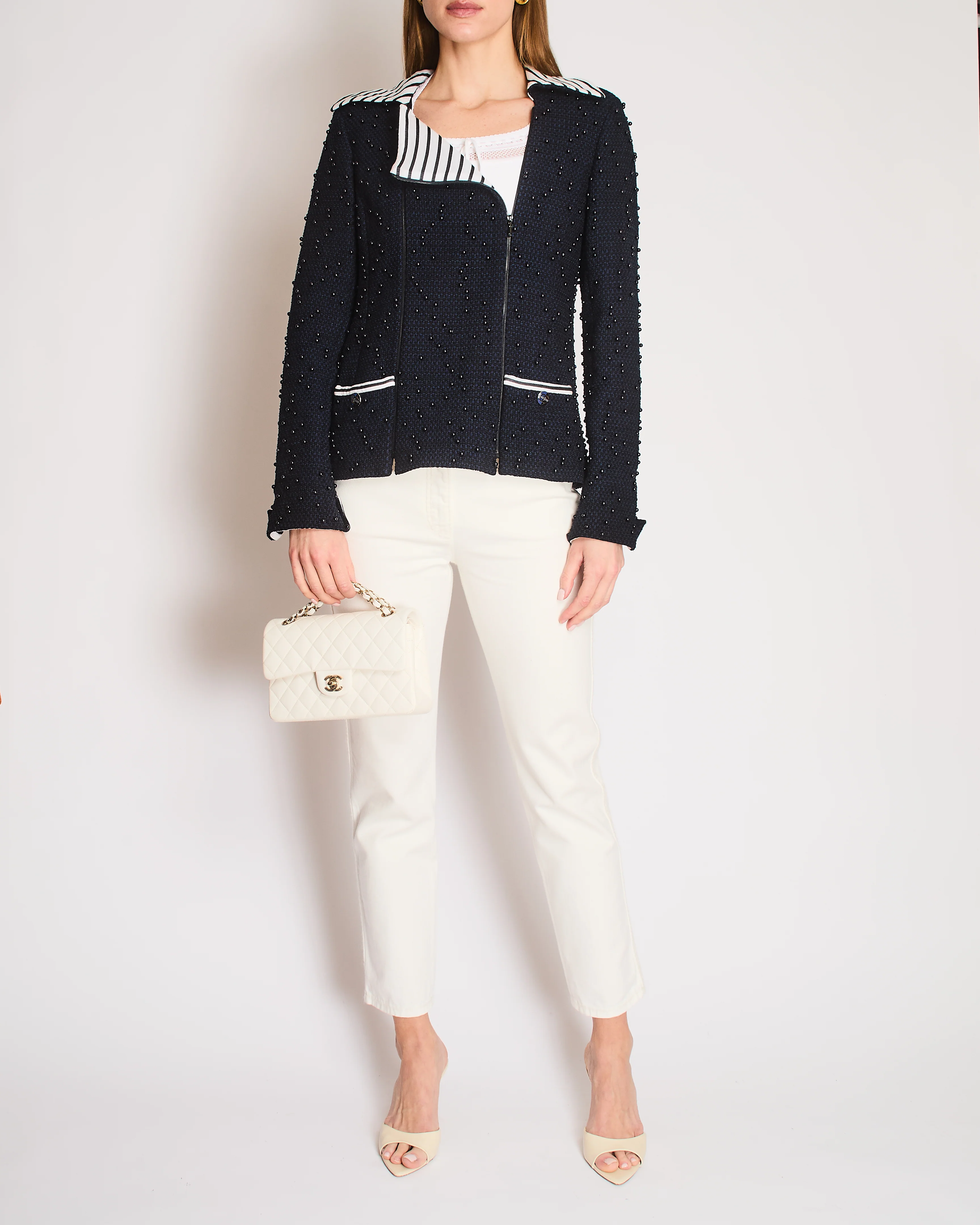 Chanel Pre-Spring 2017 Collection Navy Blue Beaded Tweed Jacket with Striped Collar Detail Size FR 40 (UK 12) - Image 4