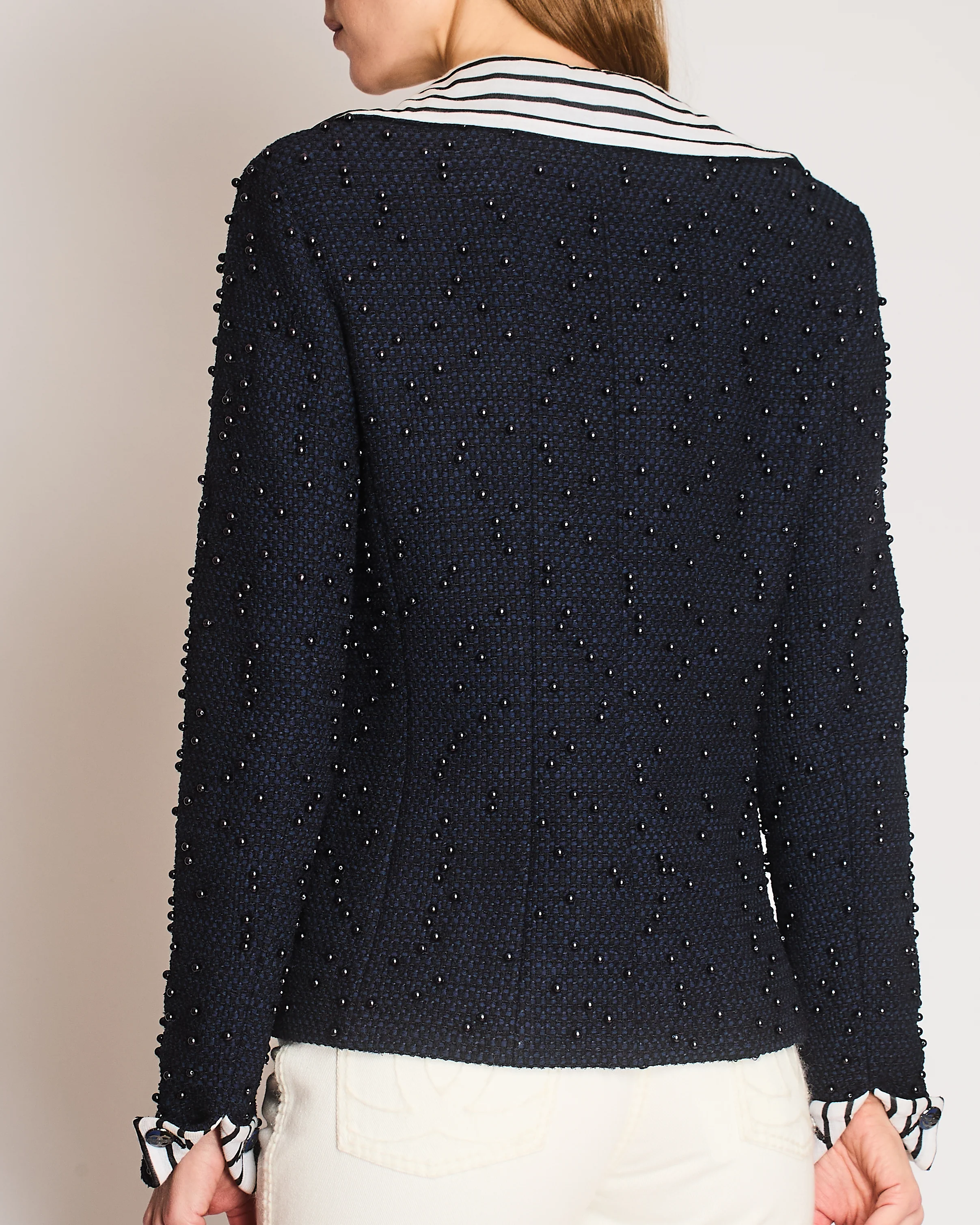 Chanel Pre-Spring 2017 Collection Navy Blue Beaded Tweed Jacket with Striped Collar Detail Size FR 40 (UK 12) - Image 6