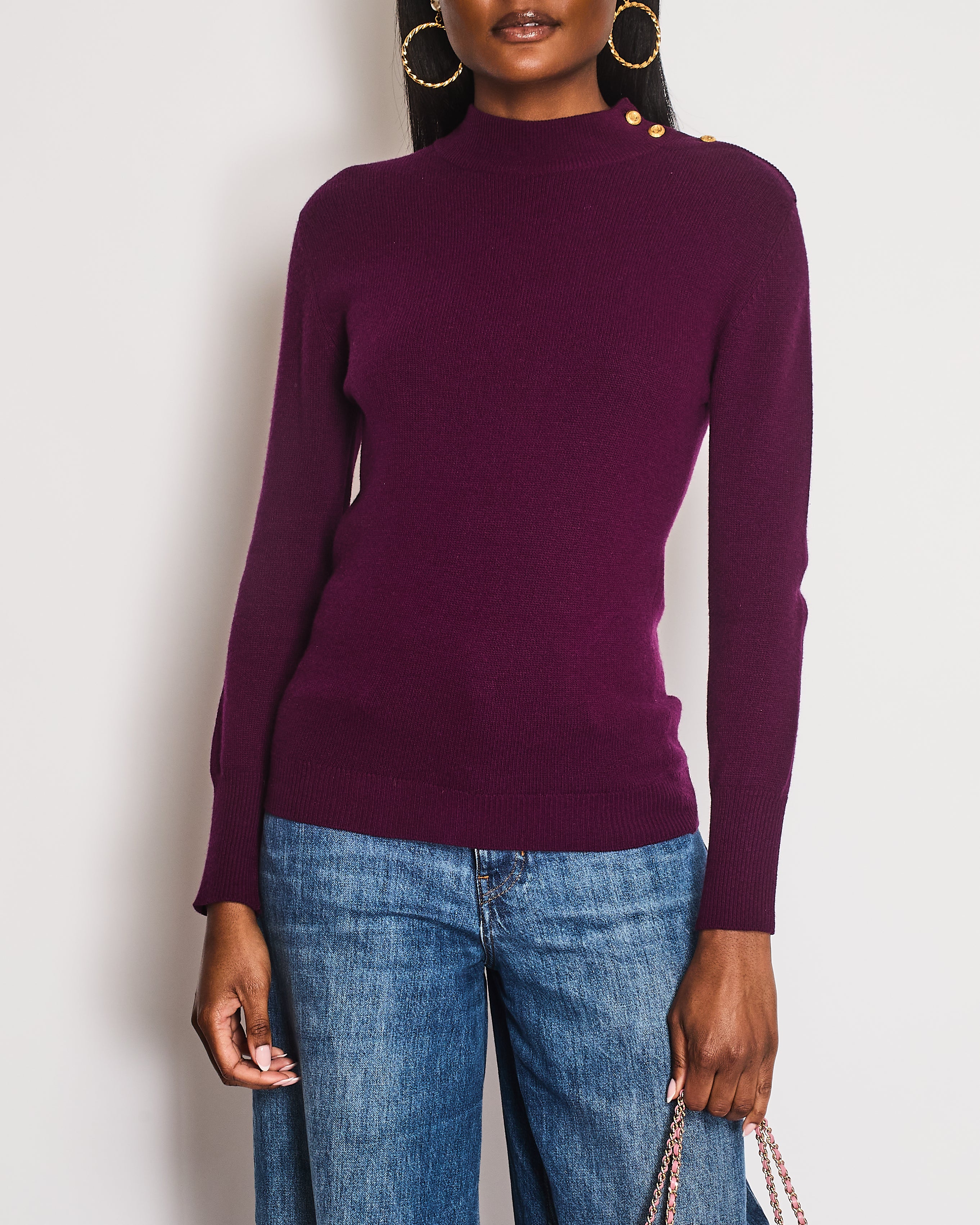 Chanel Purple Knitted Long Sleeve Jumper with CC Gold Button Detail Size FR 36 (UK 8) - Image 2