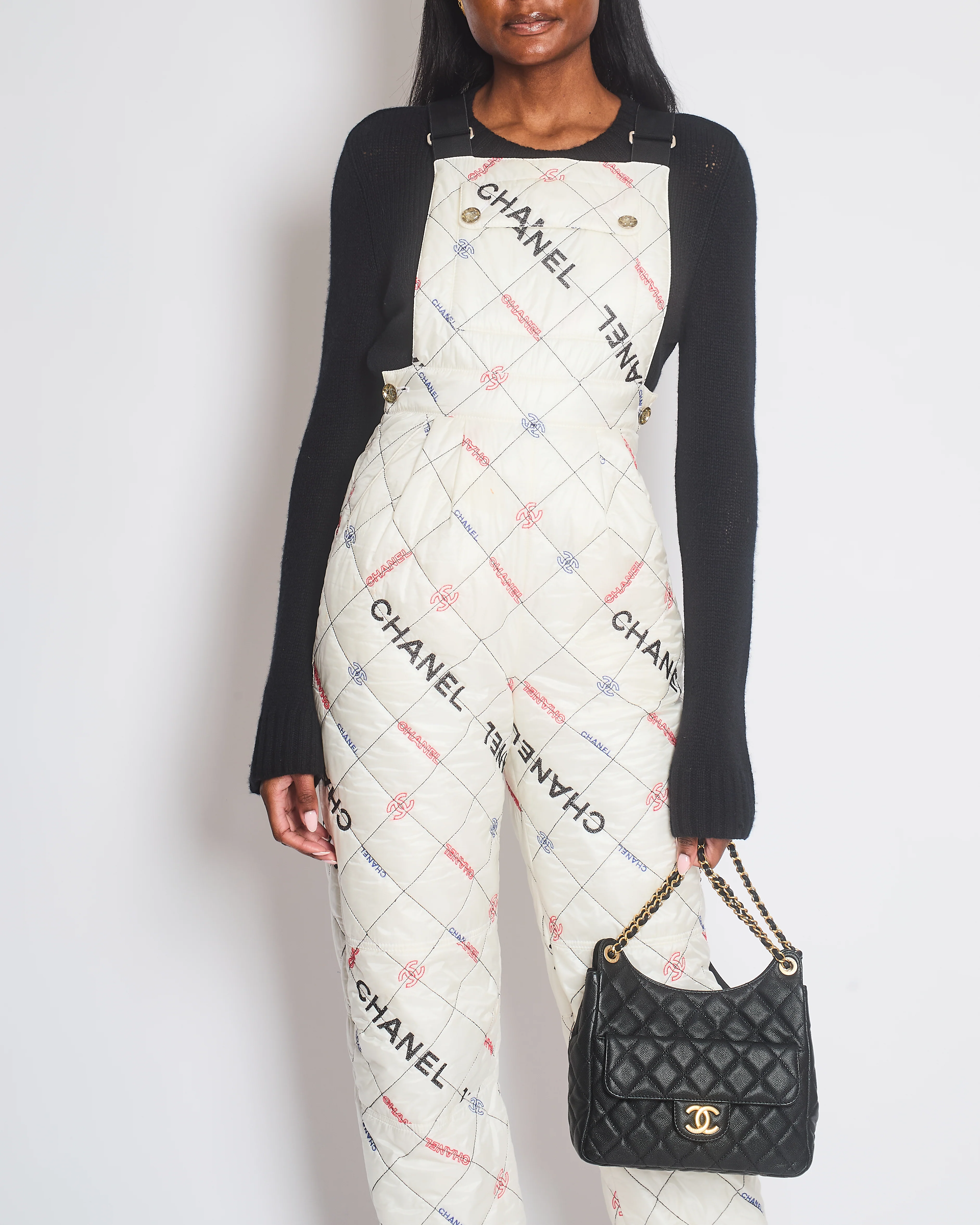Chanel Fall 2021 White Quilted Ski Jumpsuit with Crystal Logo Details Size FR 34 (UK 6) - Image 3