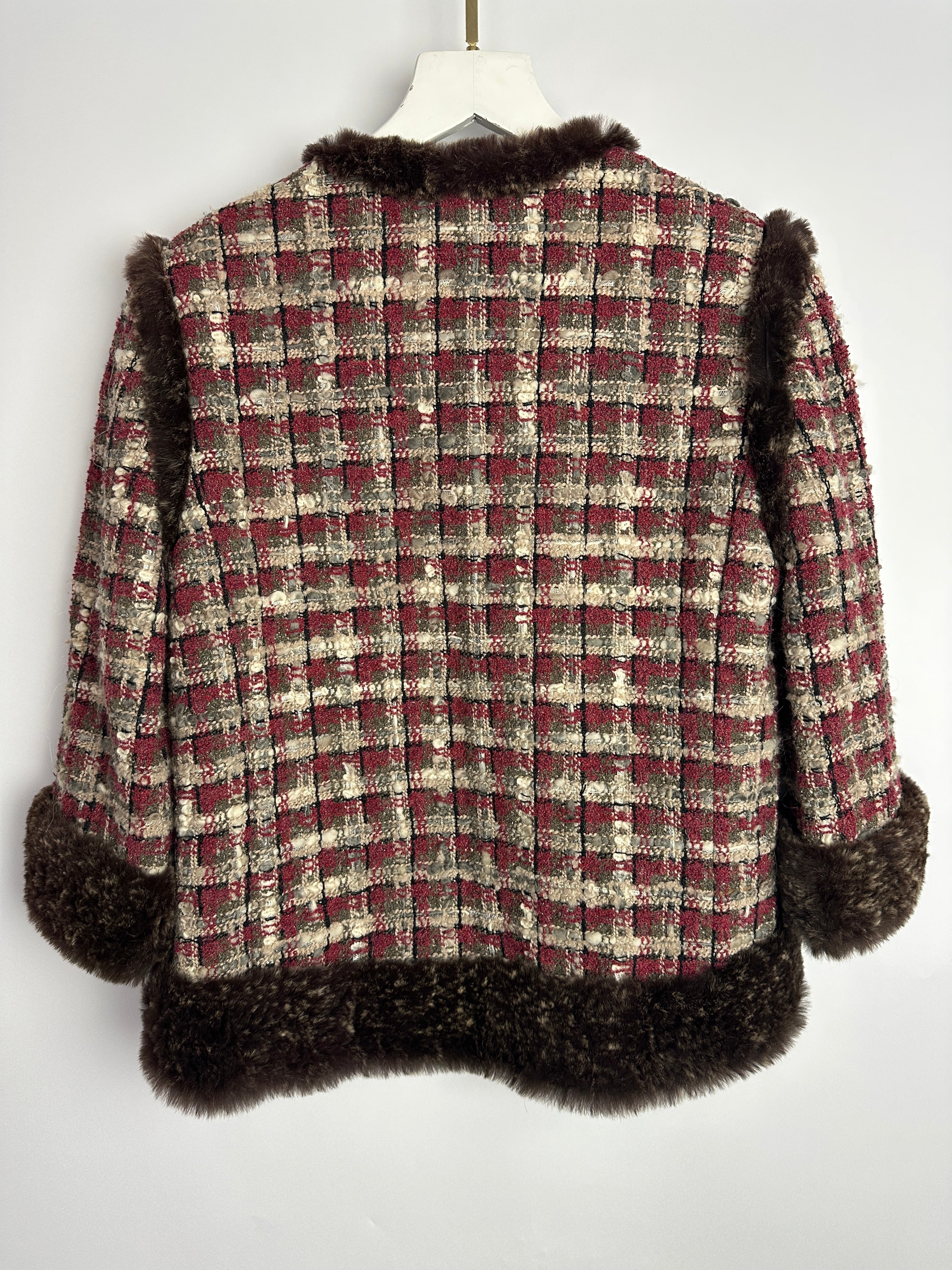 Chanel Red, Beige and Grey Tweed Jacket with Rabbit Fur Trim Detail Size FR 36 (UK 8) - Image 10