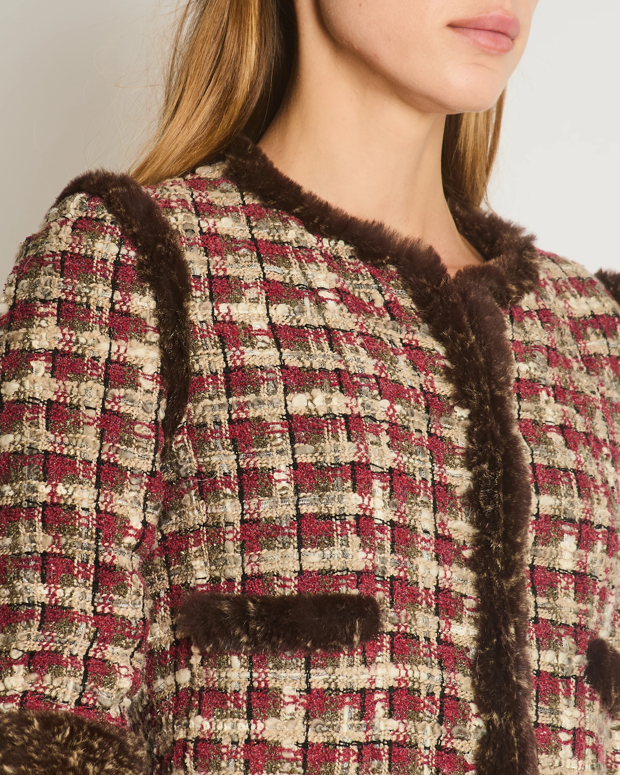 Chanel Red, Beige and Grey Tweed Jacket with Rabbit Fur Trim Detail Size FR 36 (UK 8) - Image 3