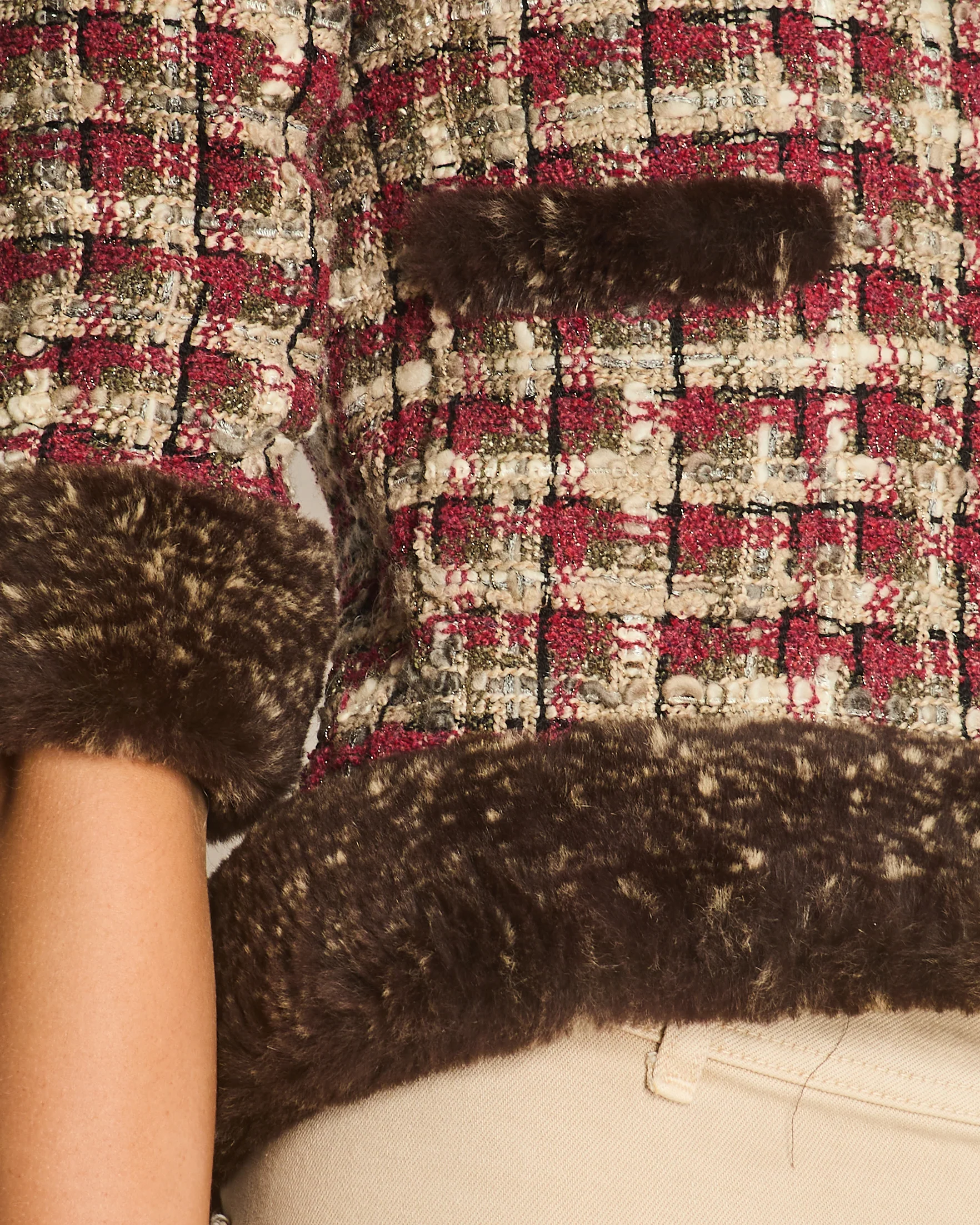 Chanel Red, Beige and Grey Tweed Jacket with Rabbit Fur Trim Detail Size FR 36 (UK 8) - Image 4