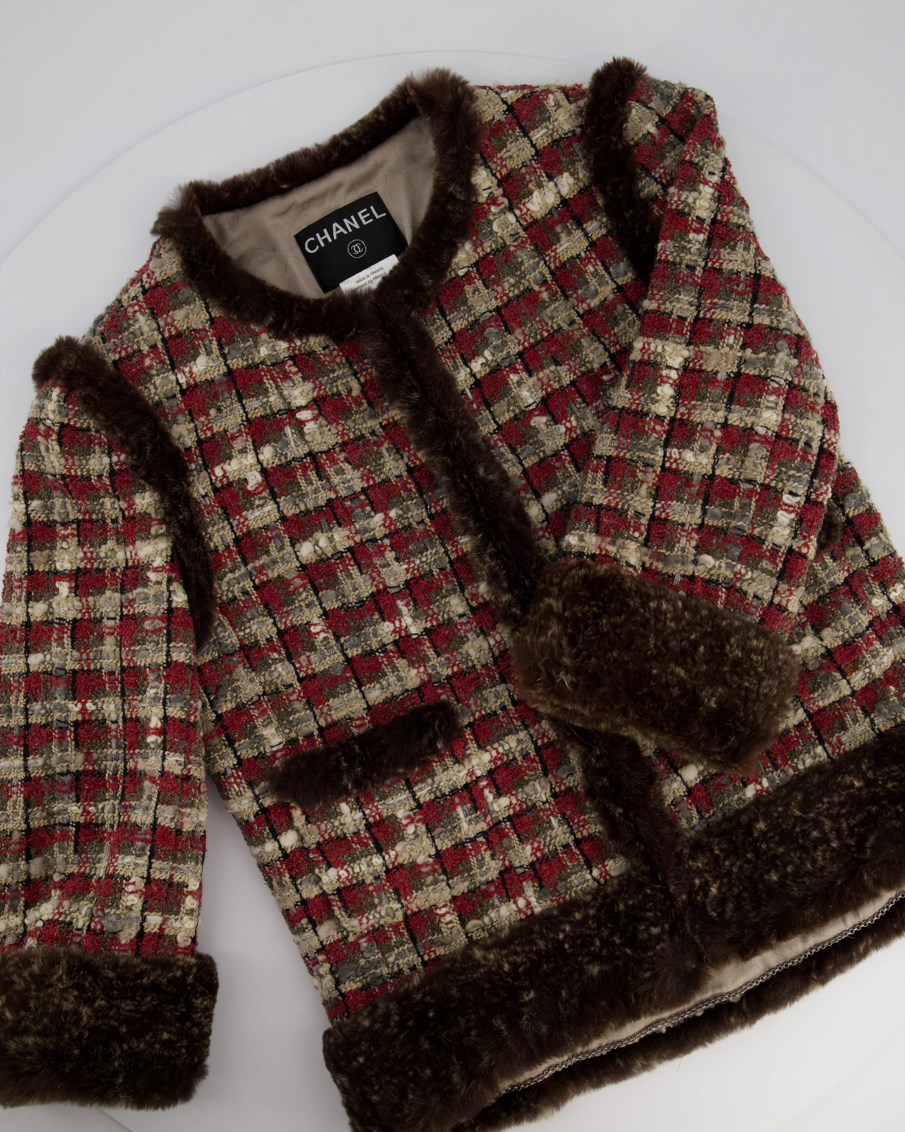 Chanel Red, Beige and Grey Tweed Jacket with Rabbit Fur Trim Detail Size FR 36 (UK 8) - Image 5