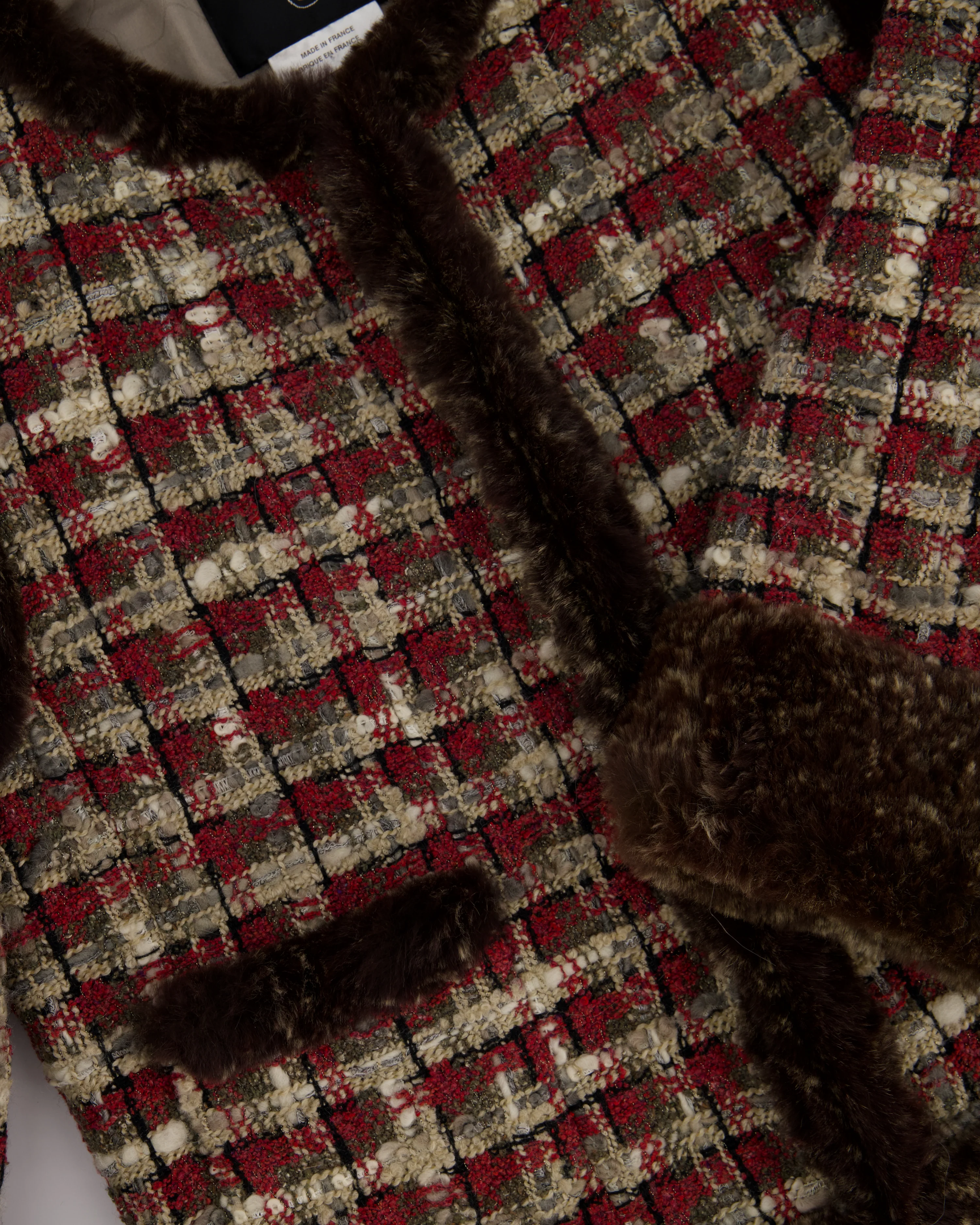 Chanel Red, Beige and Grey Tweed Jacket with Rabbit Fur Trim Detail Size FR 36 (UK 8) - Image 6