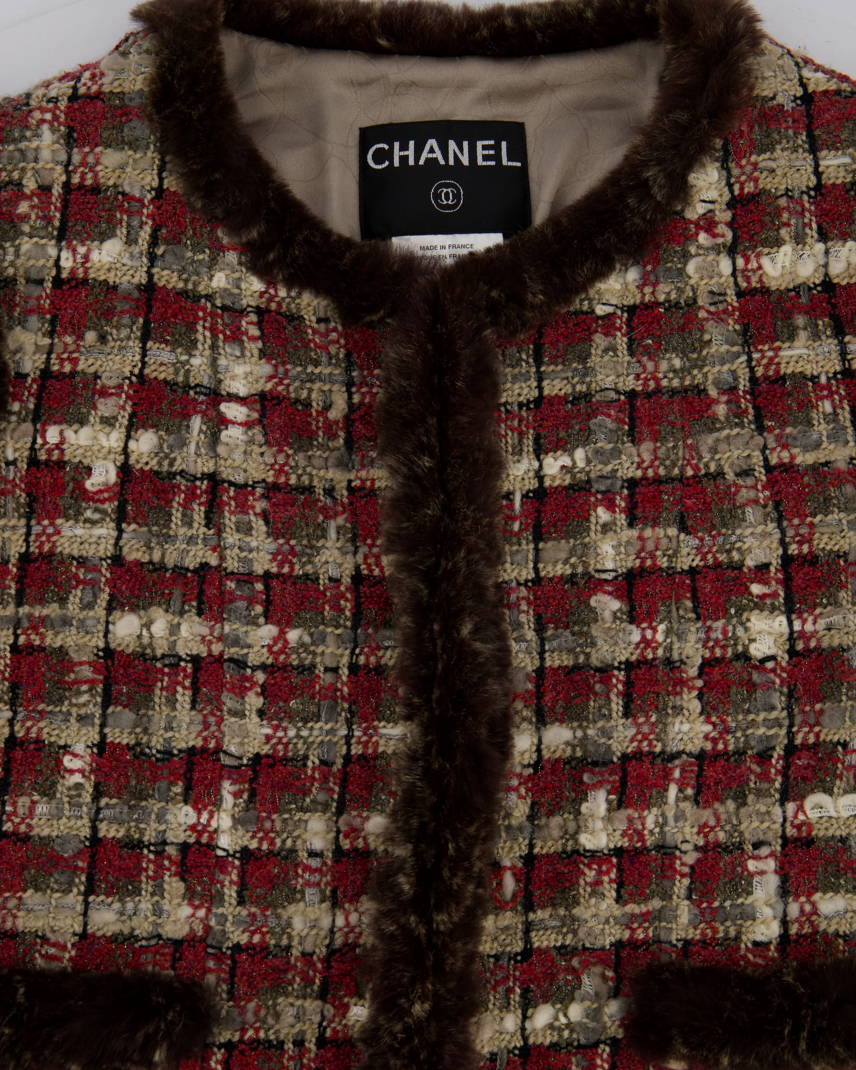 Chanel Red, Beige and Grey Tweed Jacket with Rabbit Fur Trim Detail Size FR 36 (UK 8) - Image 7