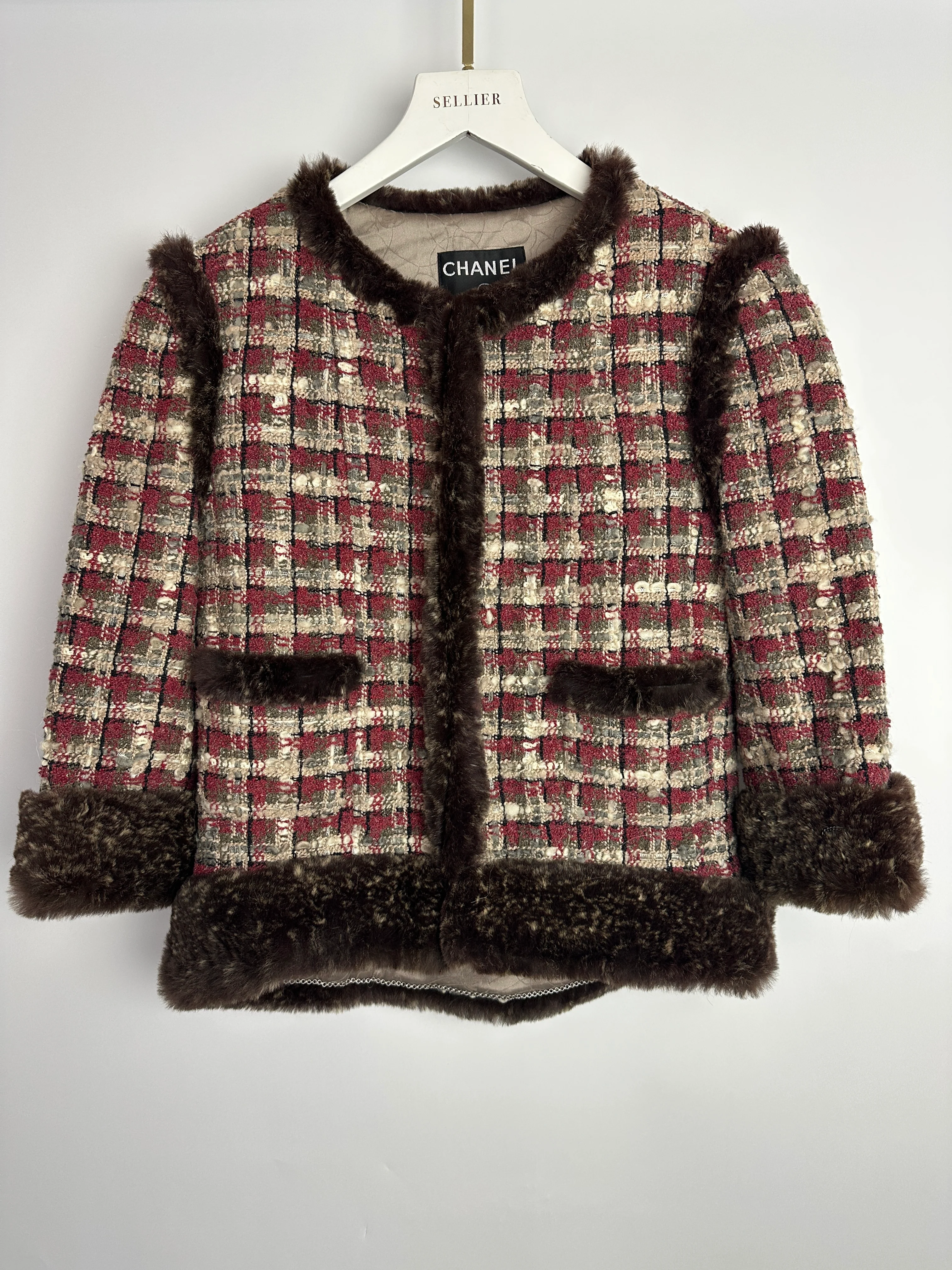 Chanel Red, Beige and Grey Tweed Jacket with Rabbit Fur Trim Detail Size FR 36 (UK 8) - Image 8