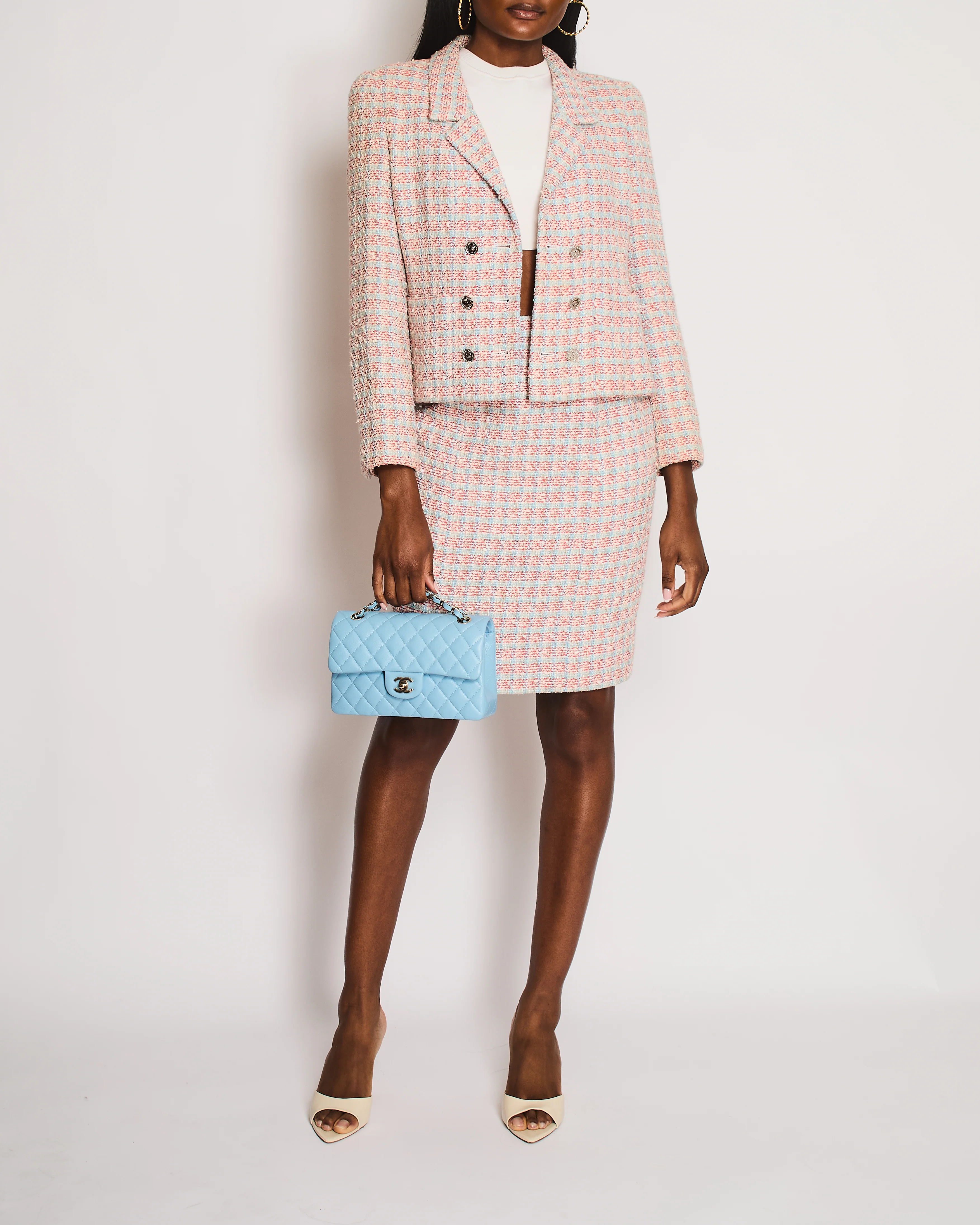 Chanel Red, Blue and White Tweed Jacket and Skirt Set with Silver CC Button Details Size FR 40 (UK 12) - Image 2