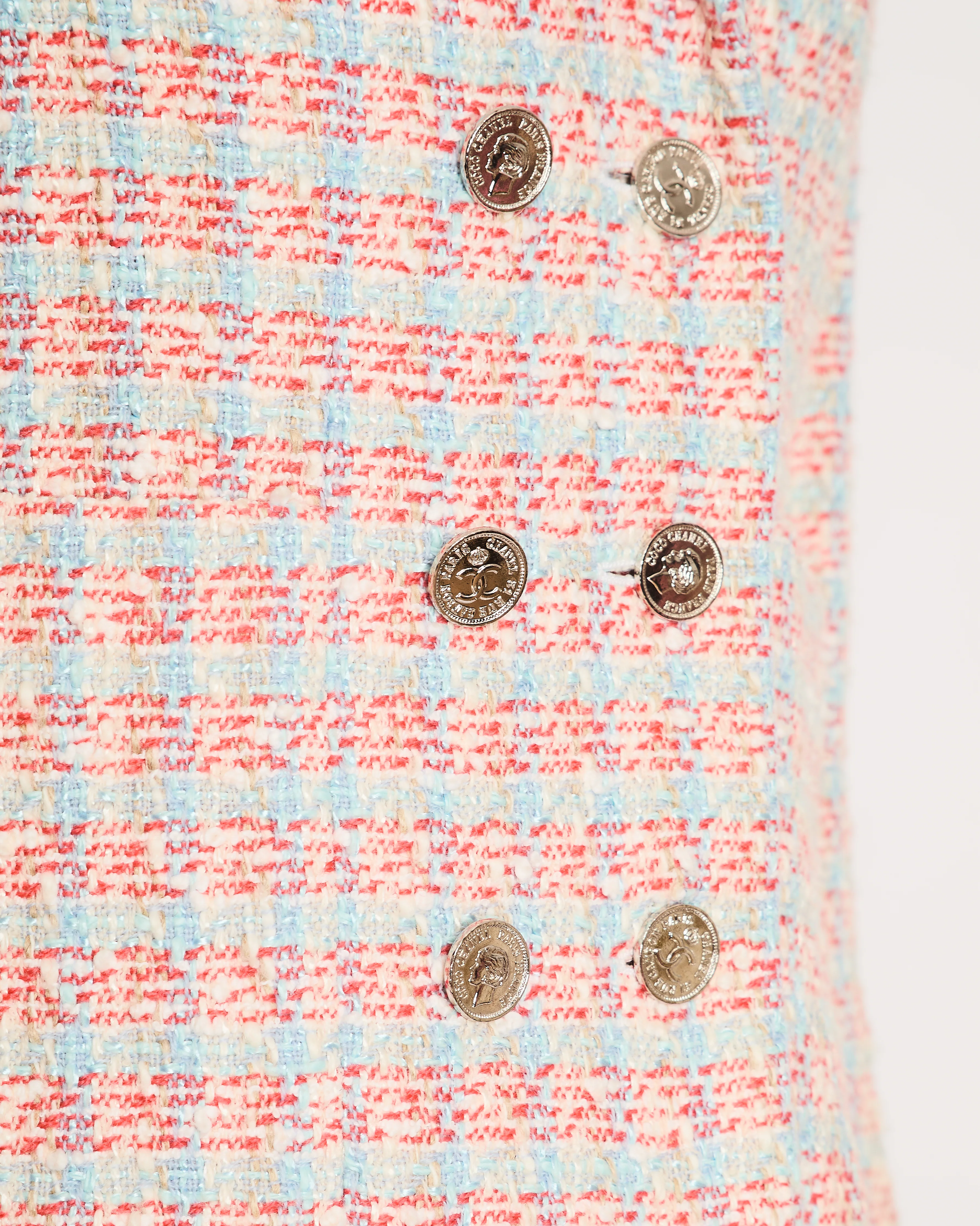 Chanel Red, Blue and White Tweed Jacket and Skirt Set with Silver CC Button Details Size FR 40 (UK 12) - Image 5