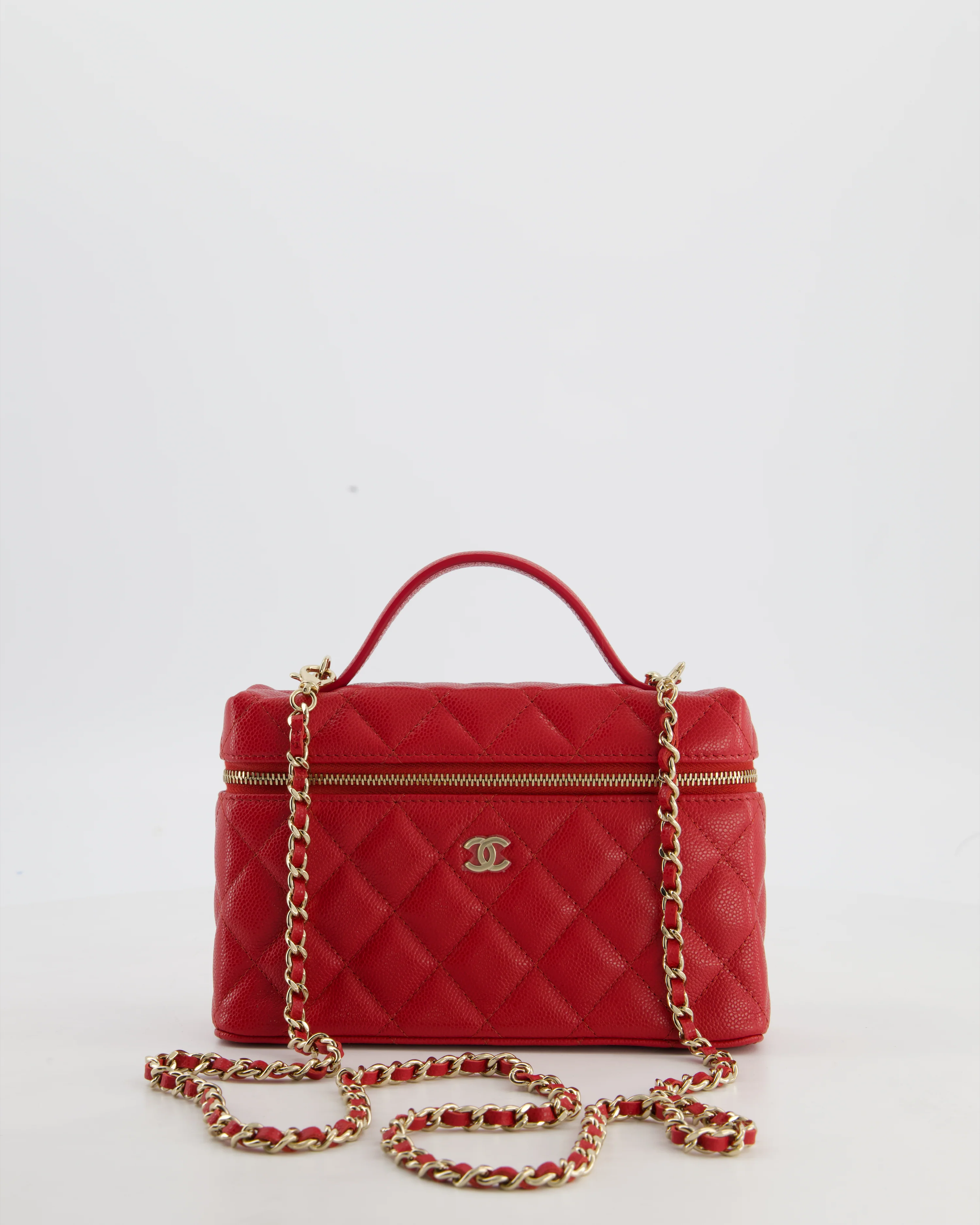 Chanel Red Long Vanity Case Bag in Caviar Leather with Champagne Gold Hardware