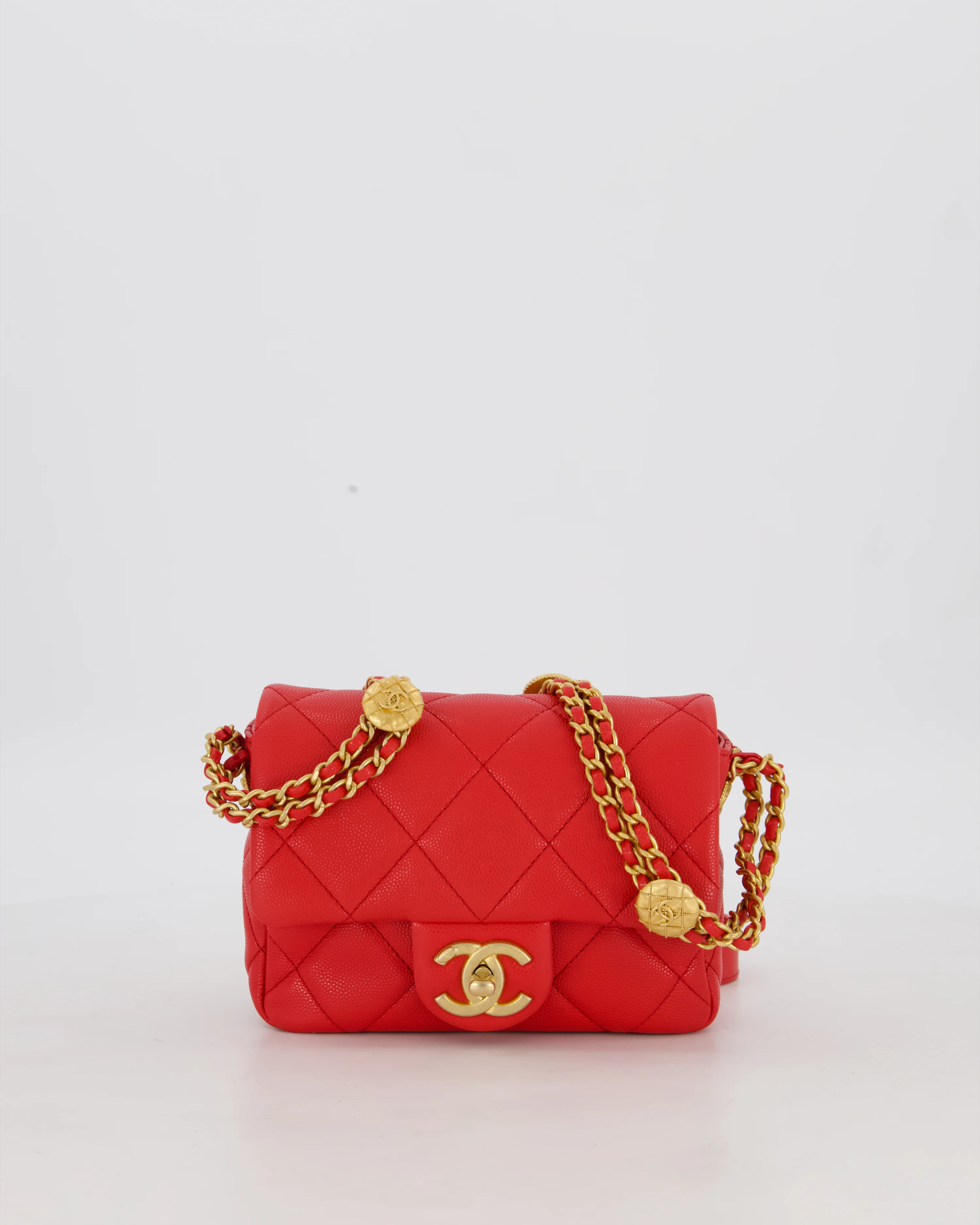 Chanel Red Mini Square Flap in Caviar Leather with Brushed Gold Hardware