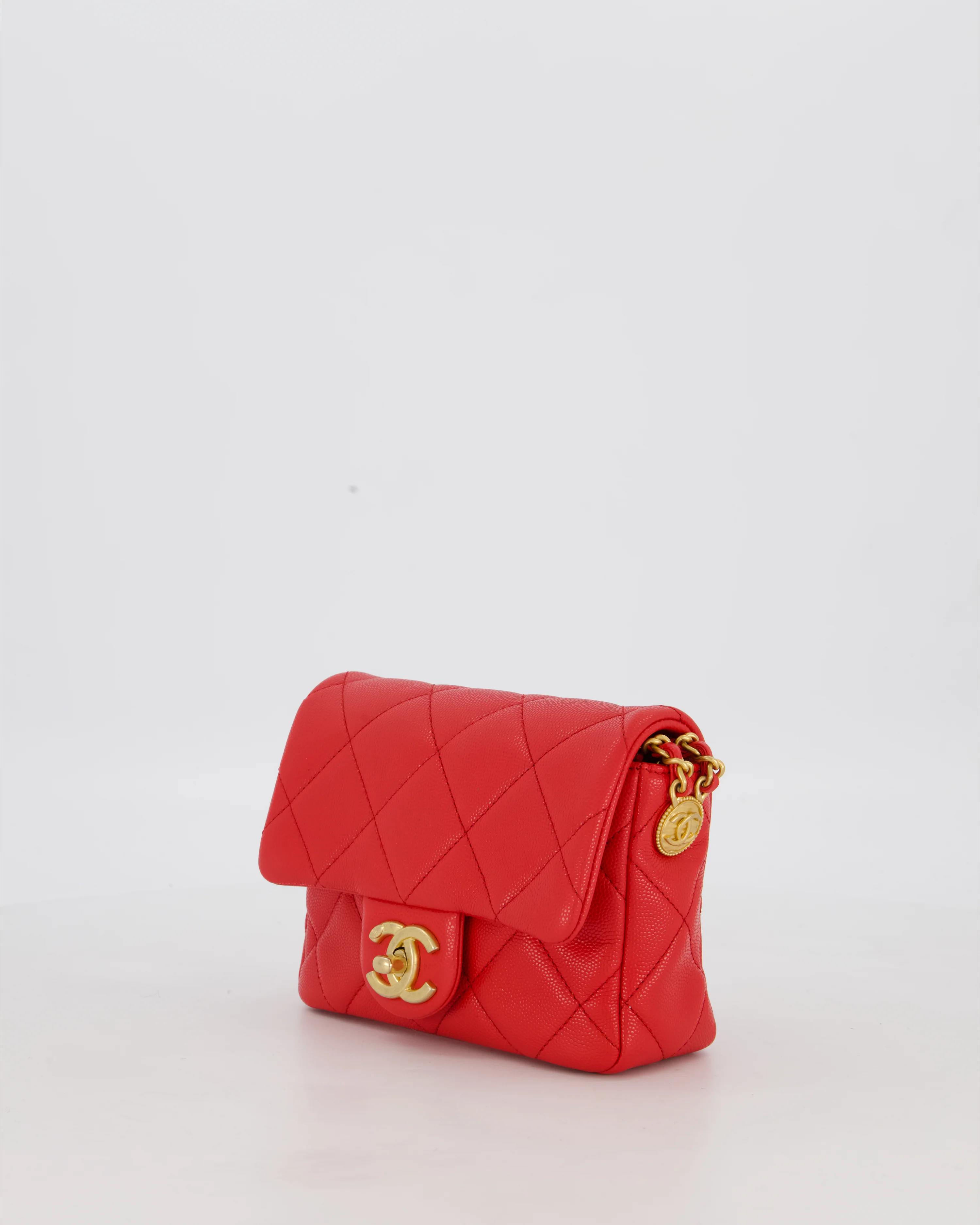 Chanel Red Mini Square Flap in Caviar Leather with Brushed Gold Hardware - Image 10