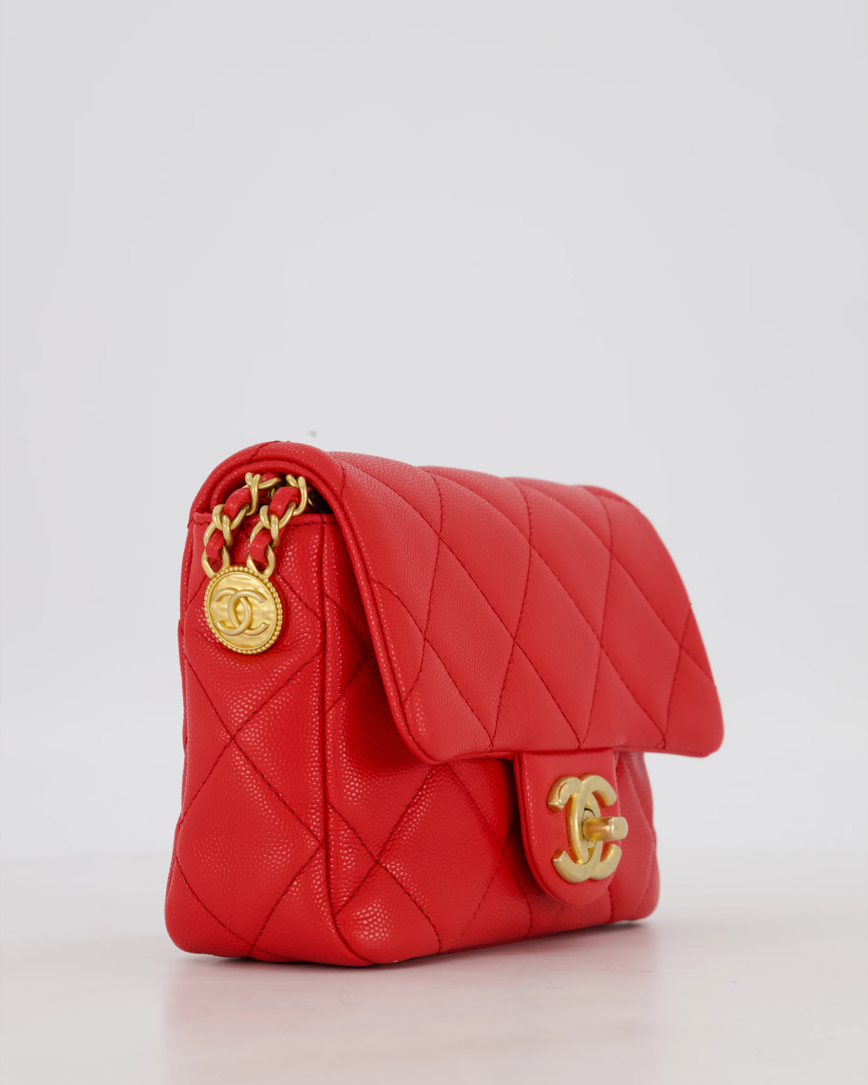 Chanel Red Mini Square Flap in Caviar Leather with Brushed Gold Hardware - Image 11