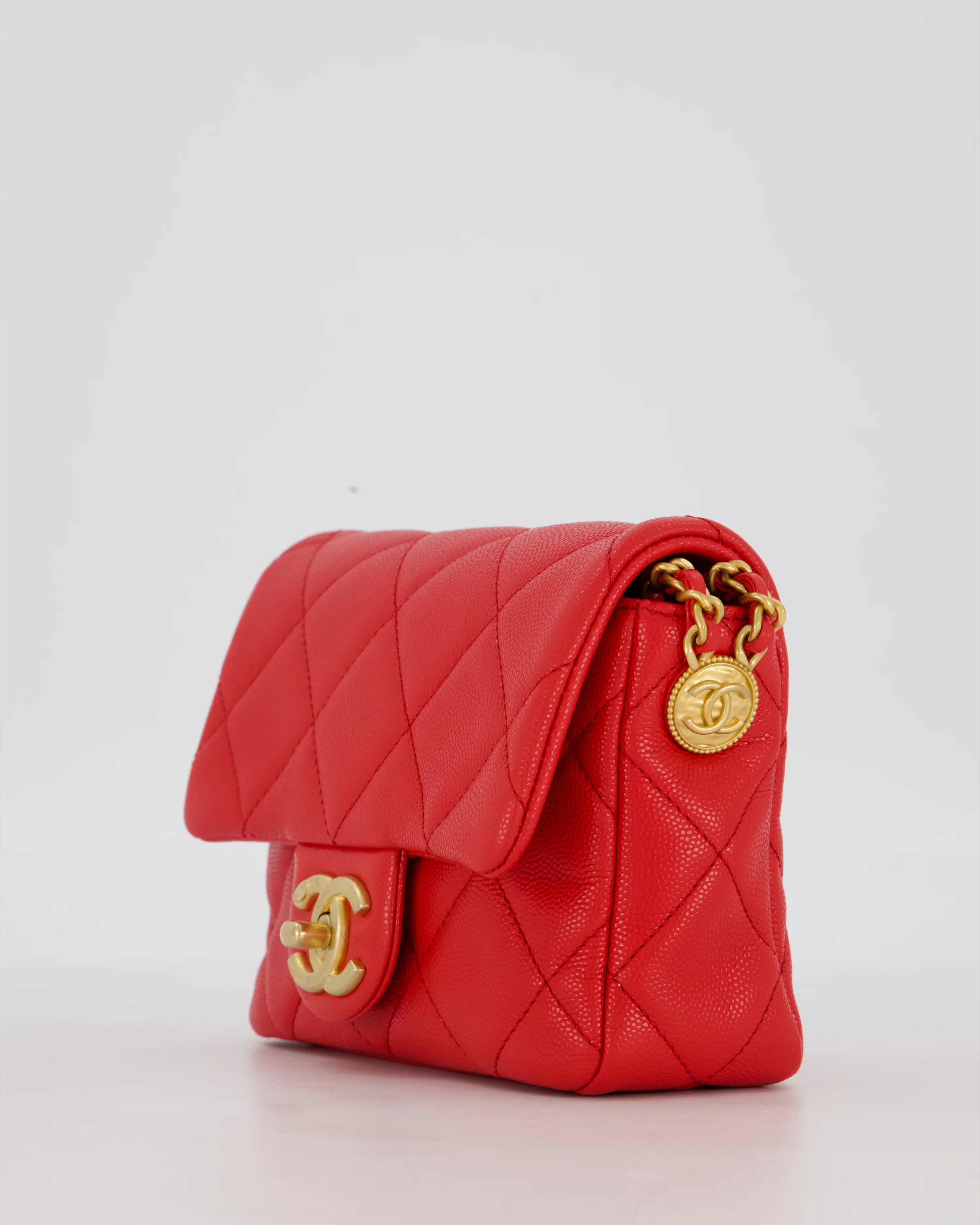 Chanel Red Mini Square Flap in Caviar Leather with Brushed Gold Hardware - Image 12