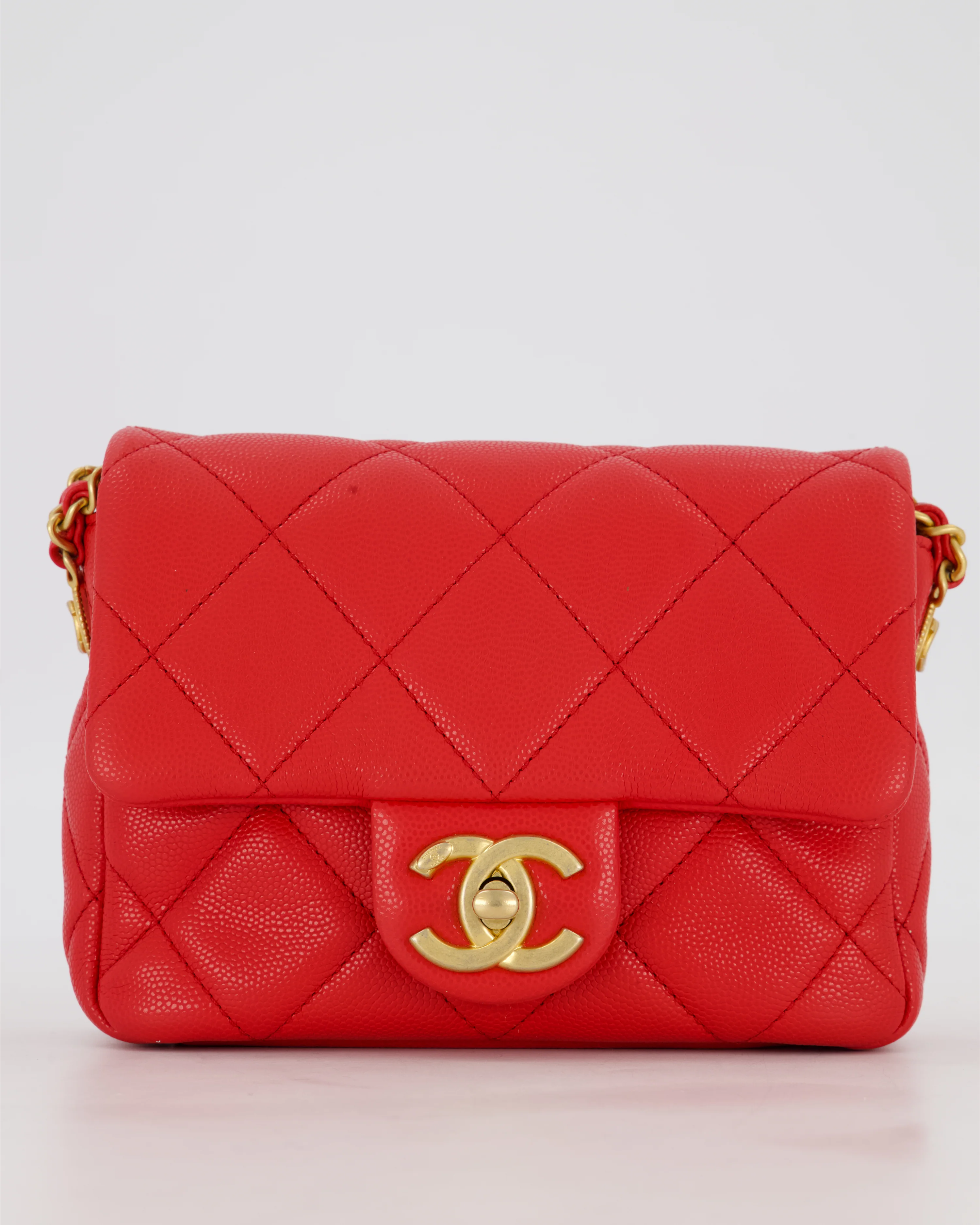 Chanel Red Mini Square Flap in Caviar Leather with Brushed Gold Hardware - Image 15