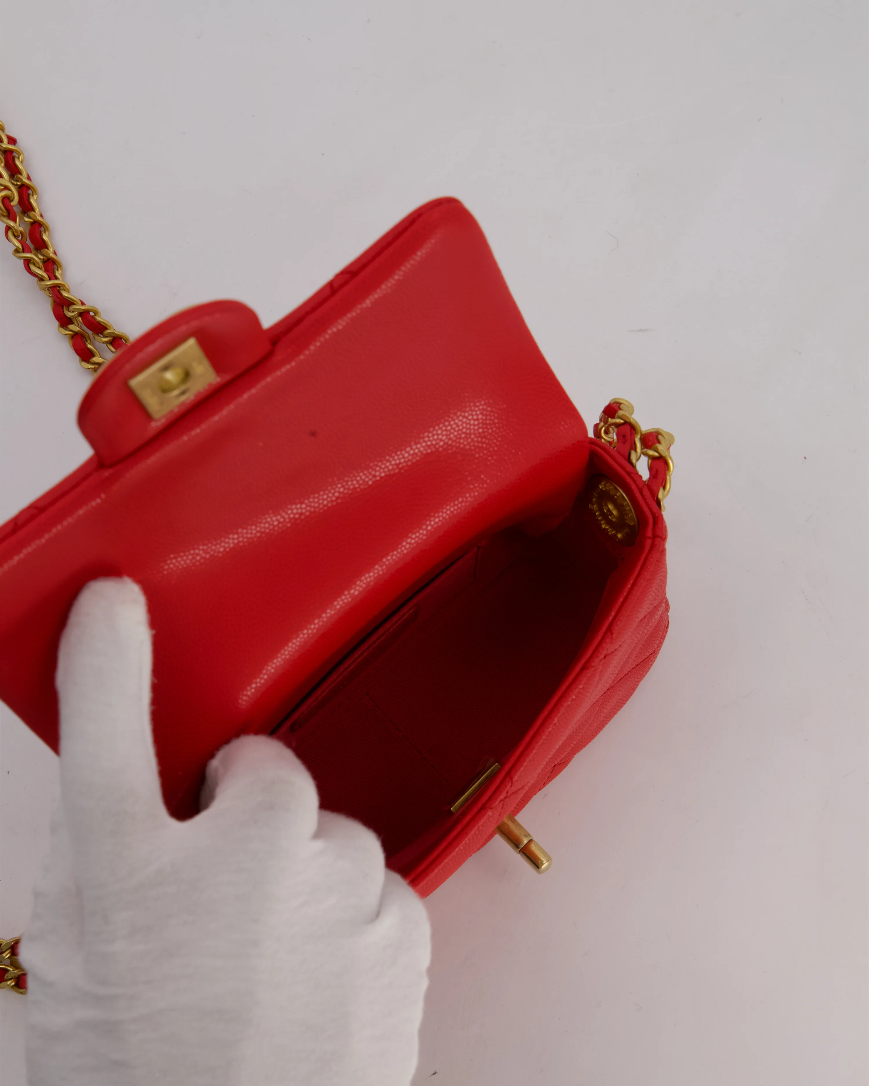 Chanel Red Mini Square Flap in Caviar Leather with Brushed Gold Hardware - Image 17