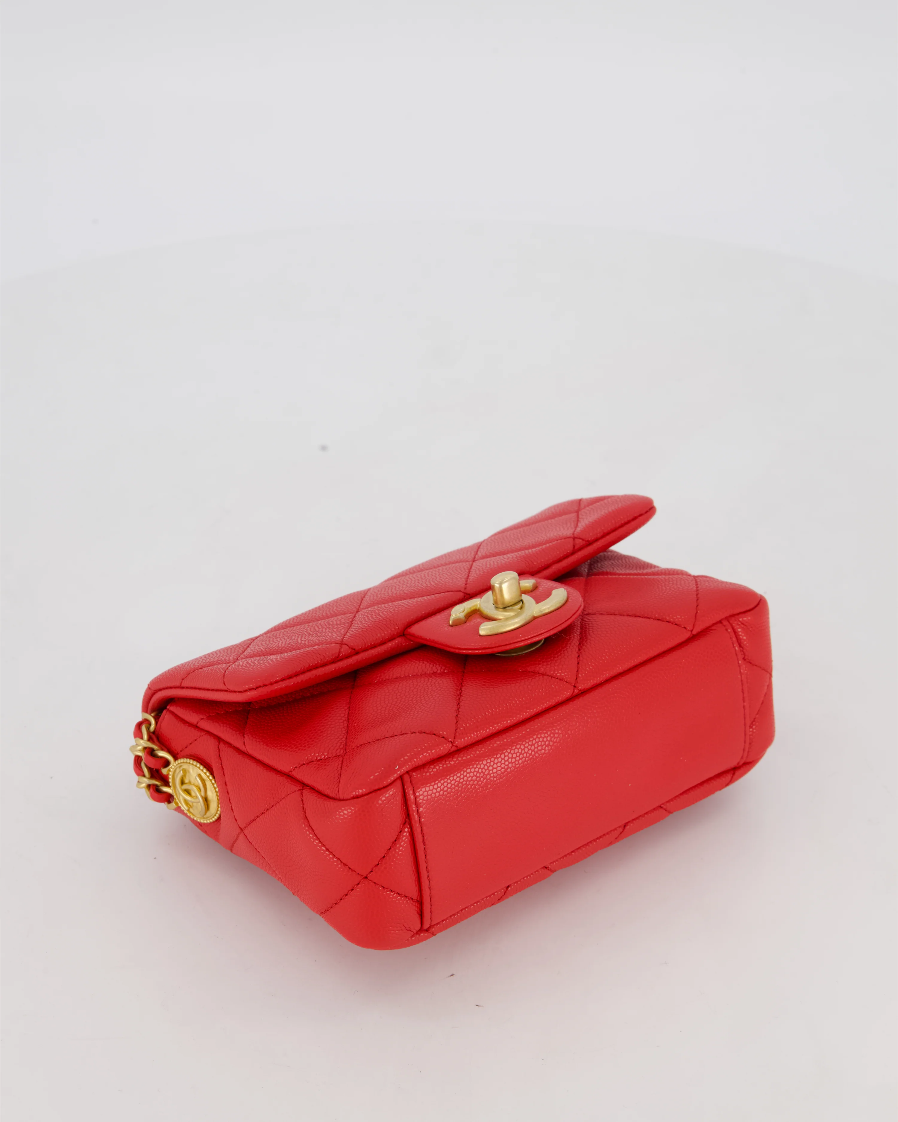 Chanel Red Mini Square Flap in Caviar Leather with Brushed Gold Hardware - Image 18