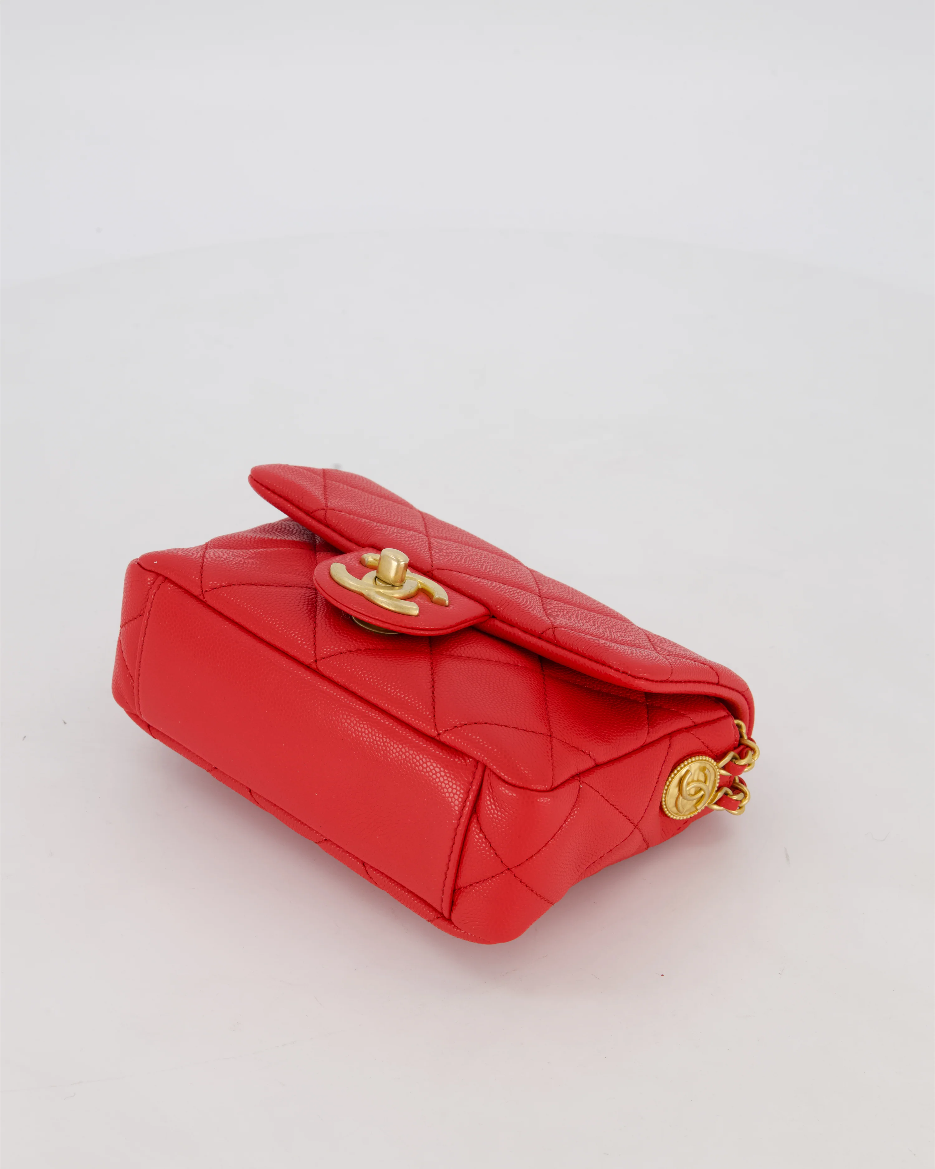 Chanel Red Mini Square Flap in Caviar Leather with Brushed Gold Hardware - Image 19
