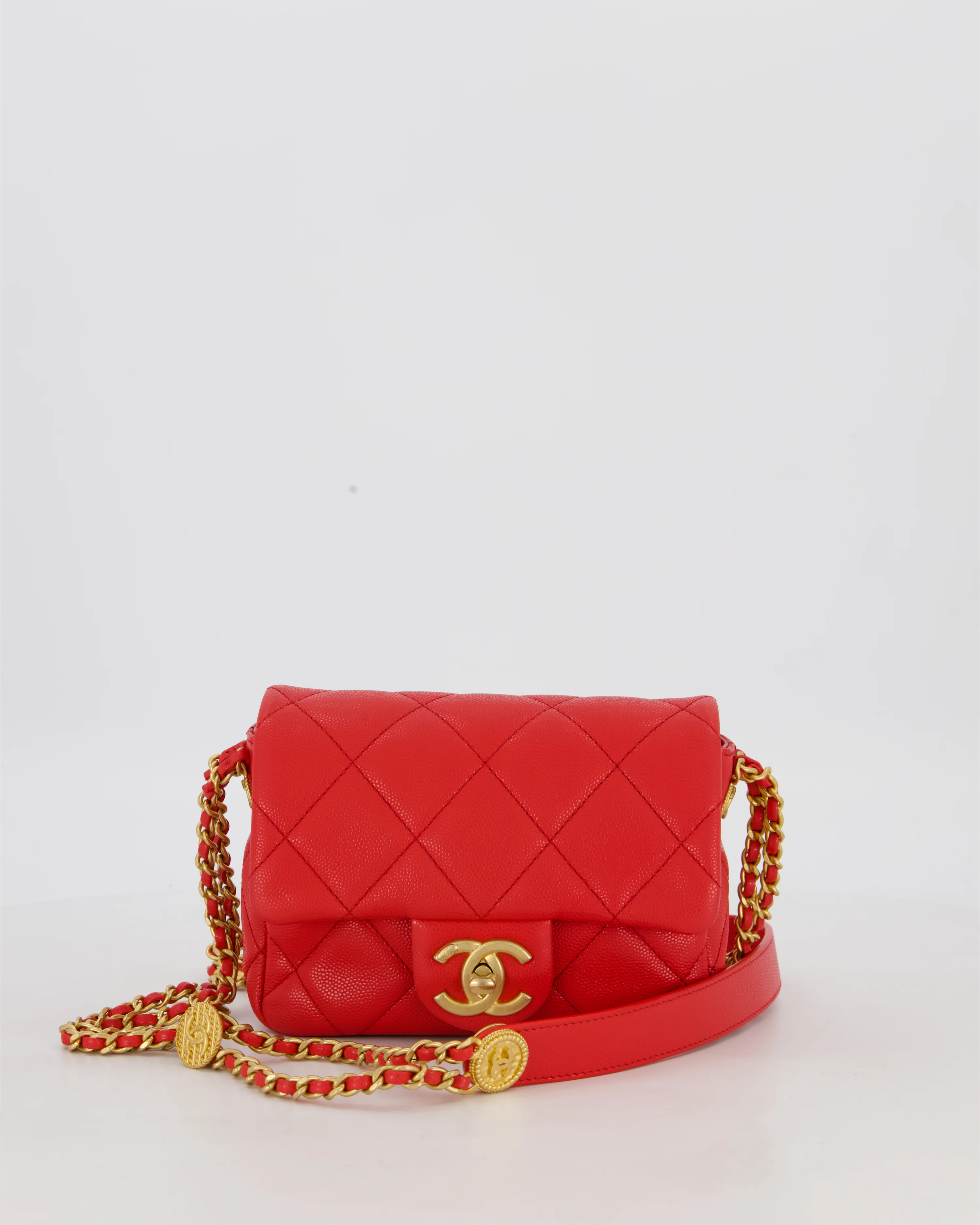 Chanel Red Mini Square Flap in Caviar Leather with Brushed Gold Hardware - Image 2