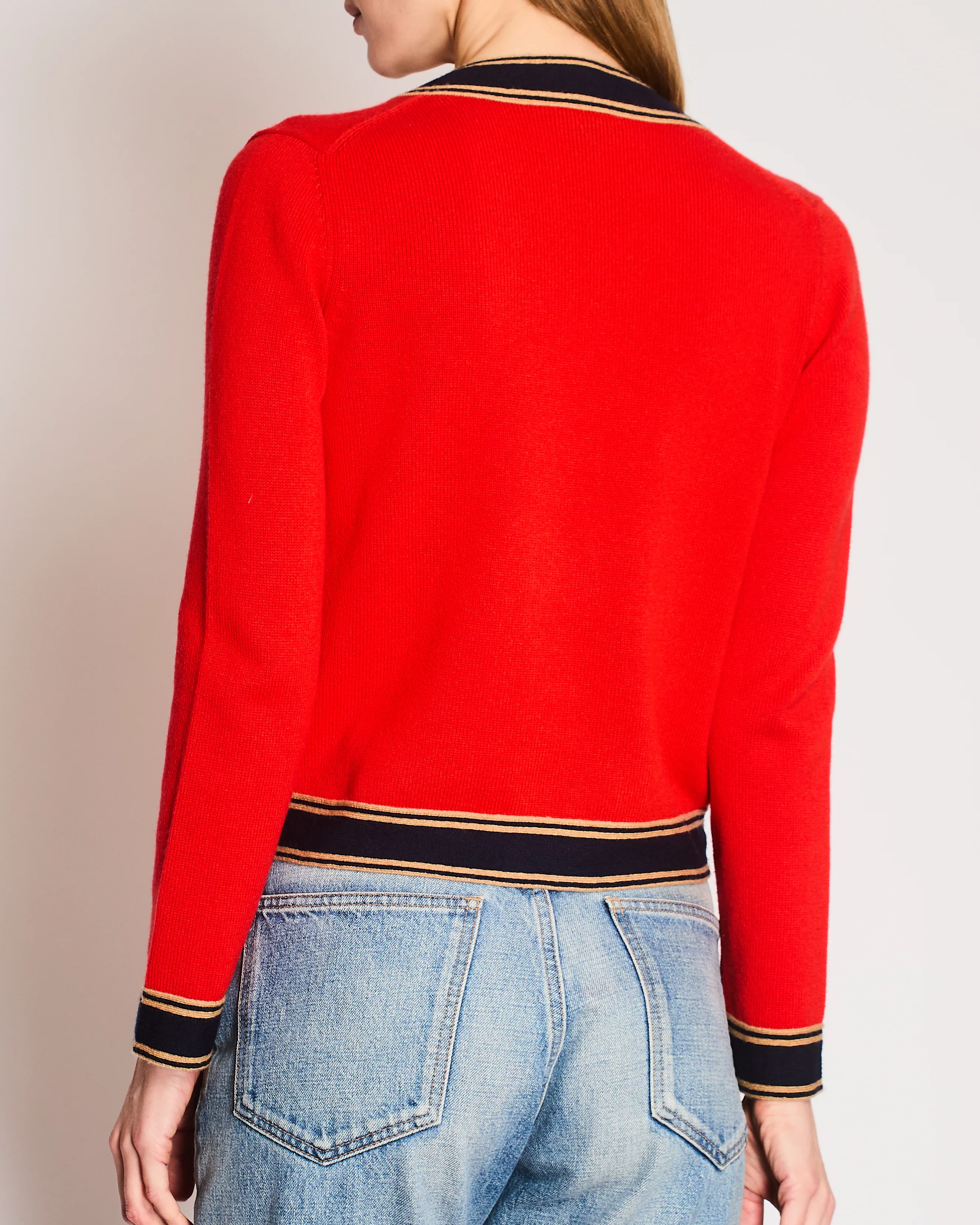 Chanel Red, Navy, and Camel Cashmere Cardigan with CC Logo Buttons Size FR 38 (UK 10) - Image 4