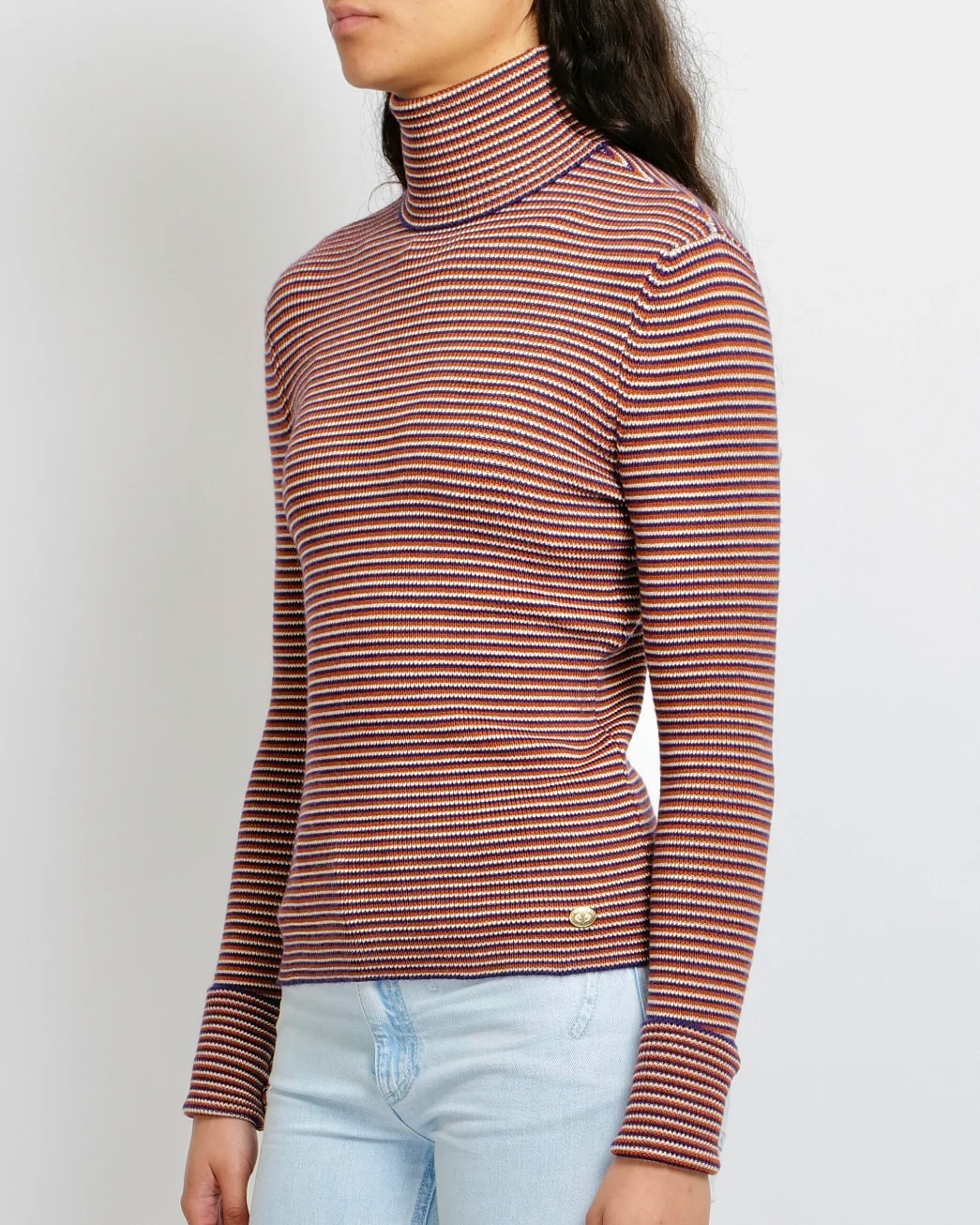Chanel Red, White and Blue Cashmere Striped High-Neck Jumper with Gold CC Logo Button Detail Size FR 36 (UK 8) - Image 3