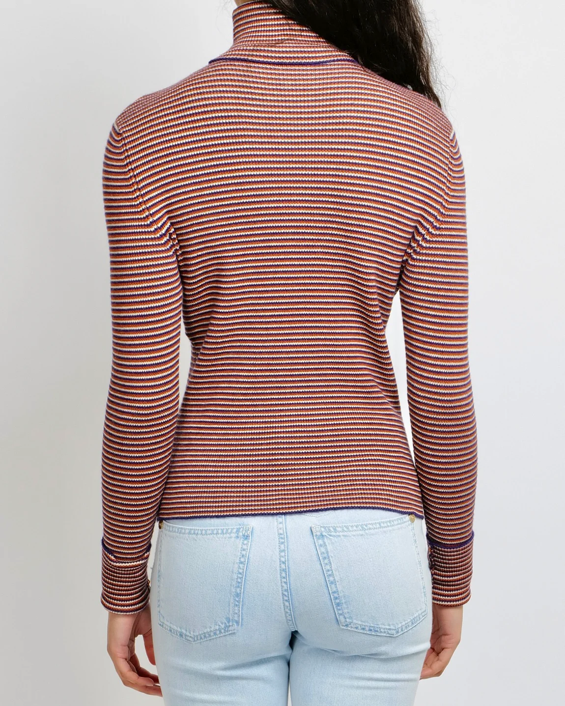 Chanel Red, White and Blue Cashmere Striped High-Neck Jumper with Gold CC Logo Button Detail Size FR 36 (UK 8) - Image 4