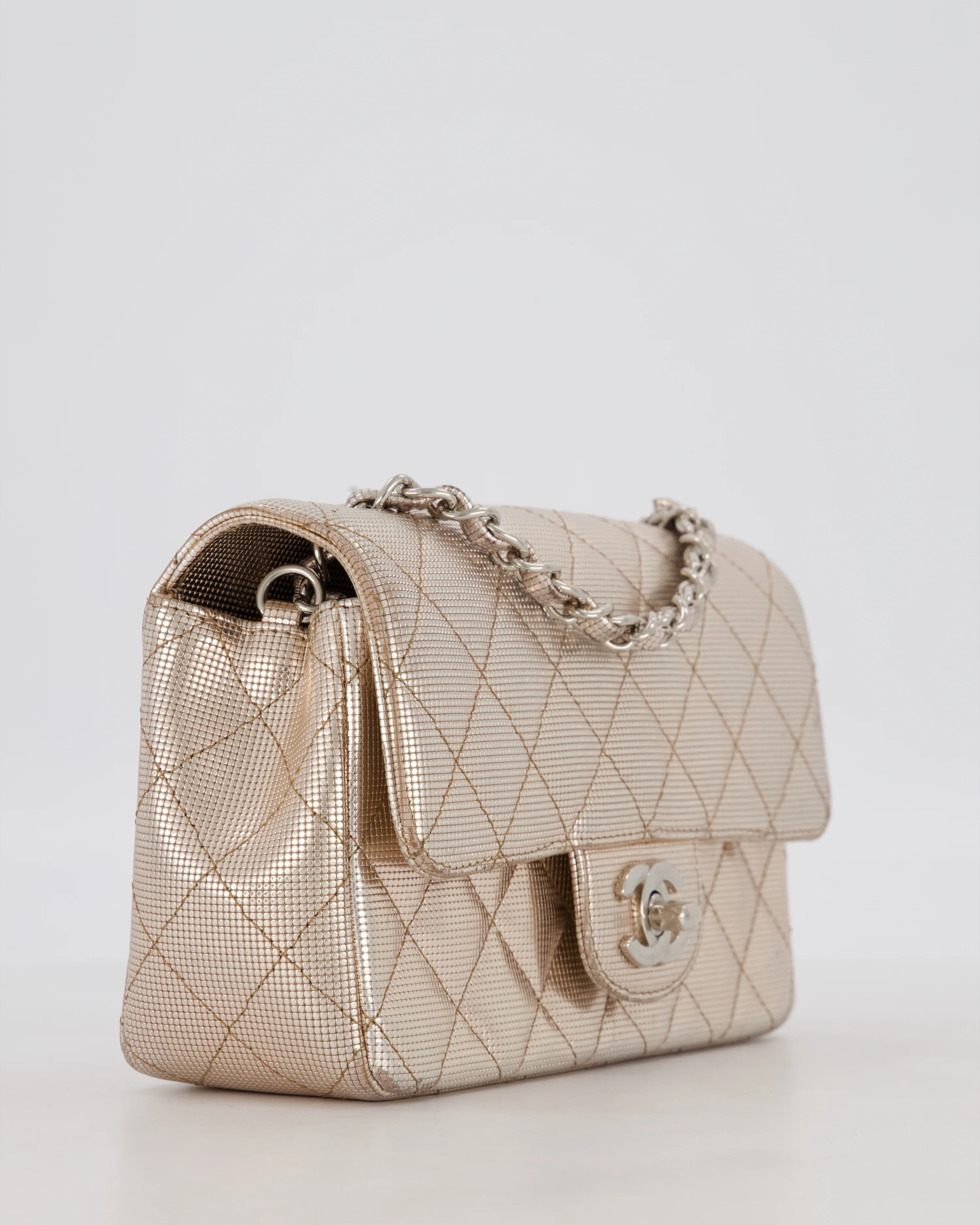 Chanel Rose Gold Metallic Pixel Effect Calfskin Mini Rectangular Flap Bag with Silver Hardware - Image 11