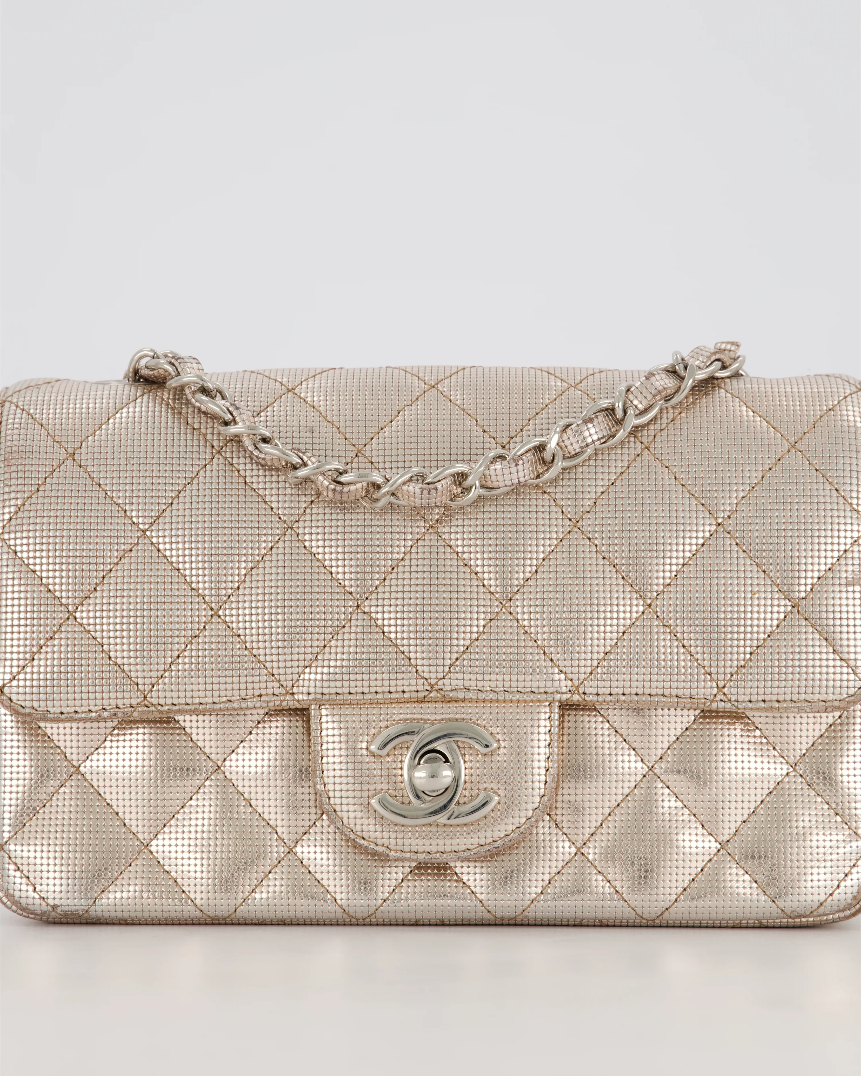 Chanel Rose Gold Metallic Pixel Effect Calfskin Mini Rectangular Flap Bag with Silver Hardware - Image 15