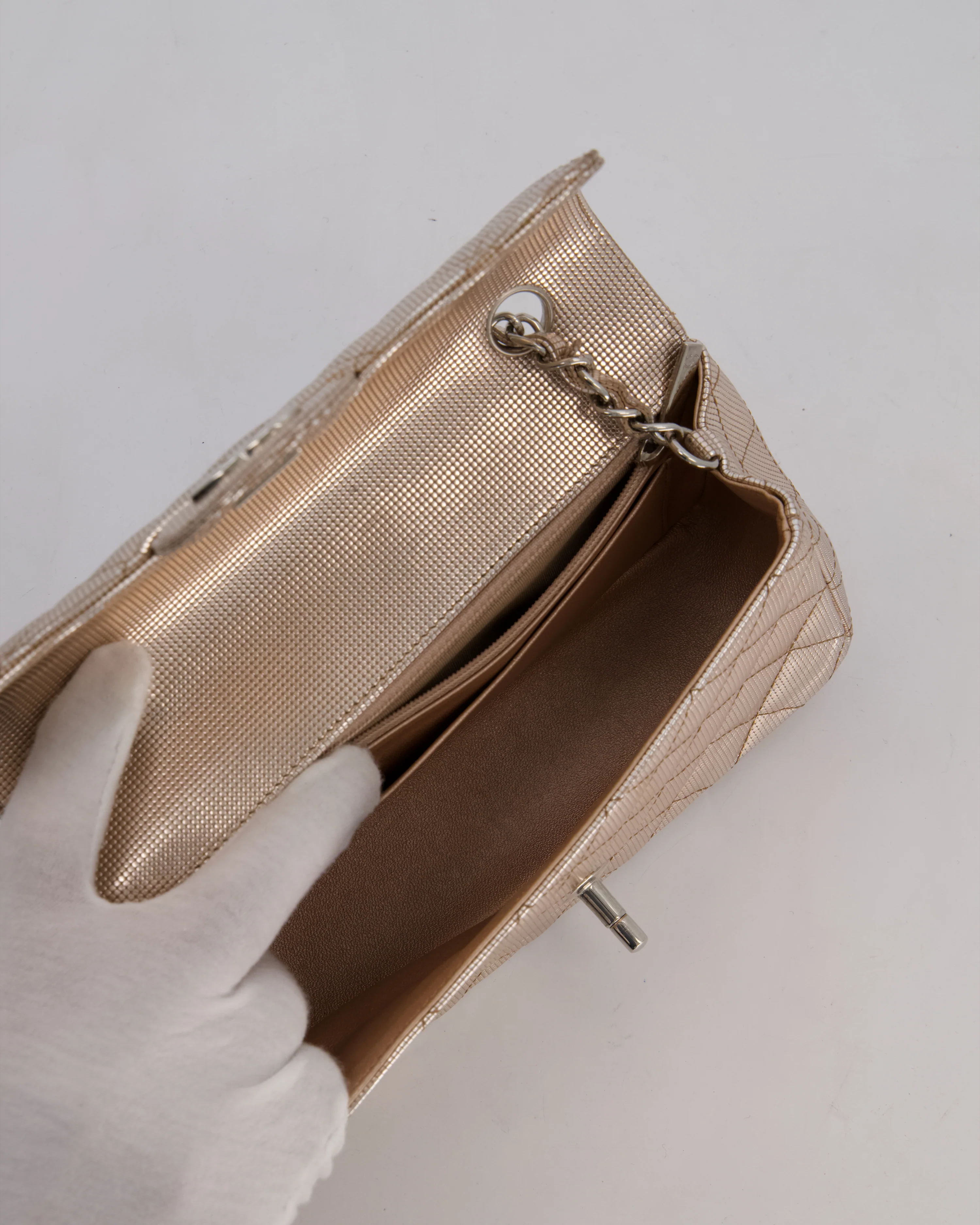 Chanel Rose Gold Metallic Pixel Effect Calfskin Mini Rectangular Flap Bag with Silver Hardware - Image 17