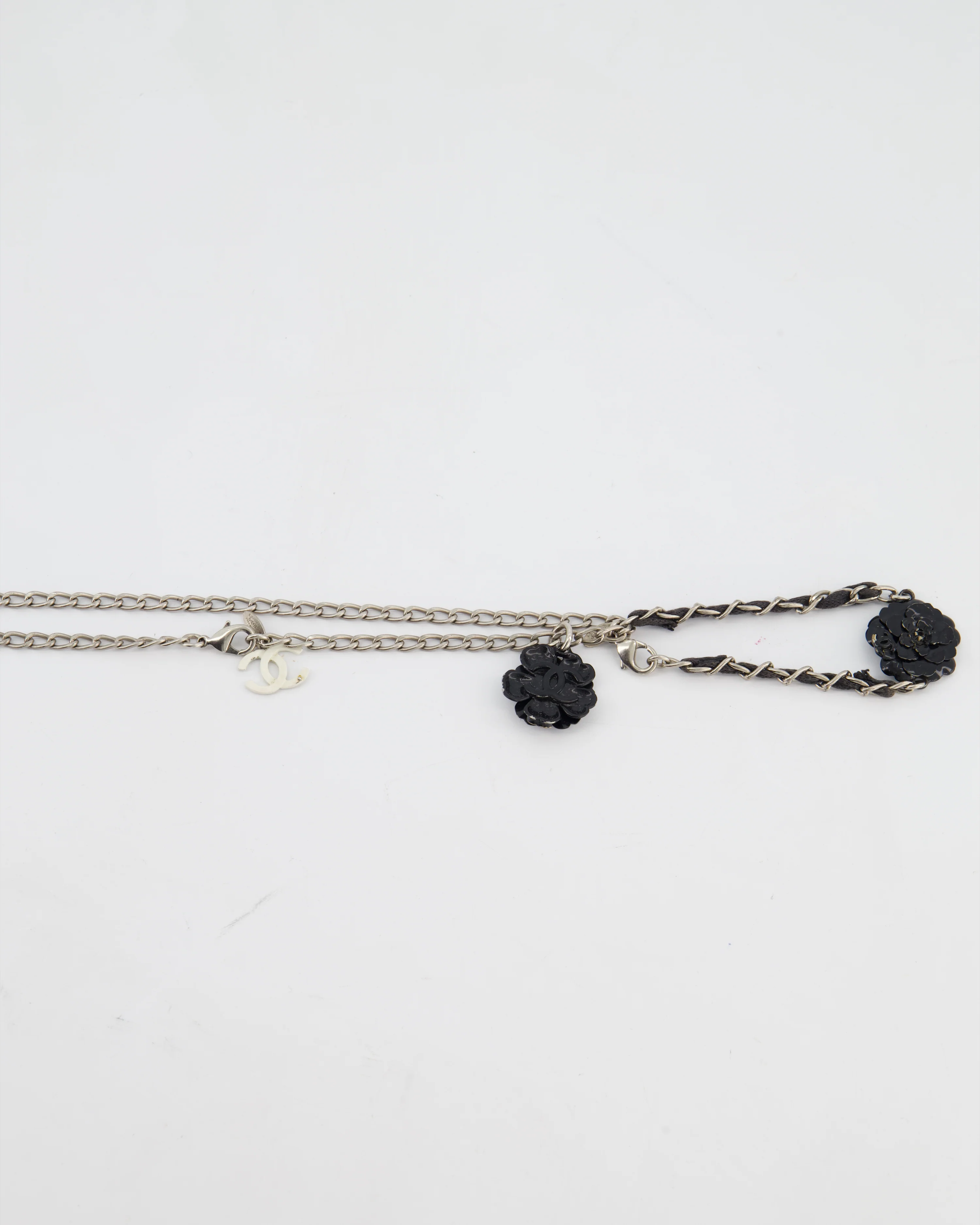 Chanel Set Silver Chain Necklace with Camellia Pendant and Silver and Black Camellia Bracelet - Image 3