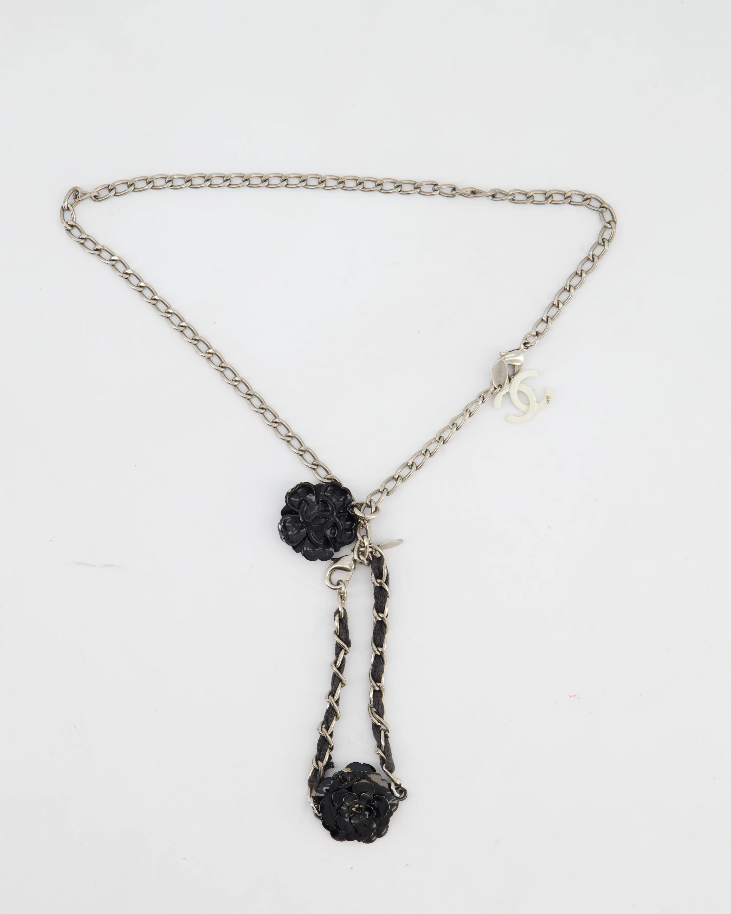 Chanel Set Silver Chain Necklace with Camellia Pendant and Silver and Black Camellia Bracelet - Image 6