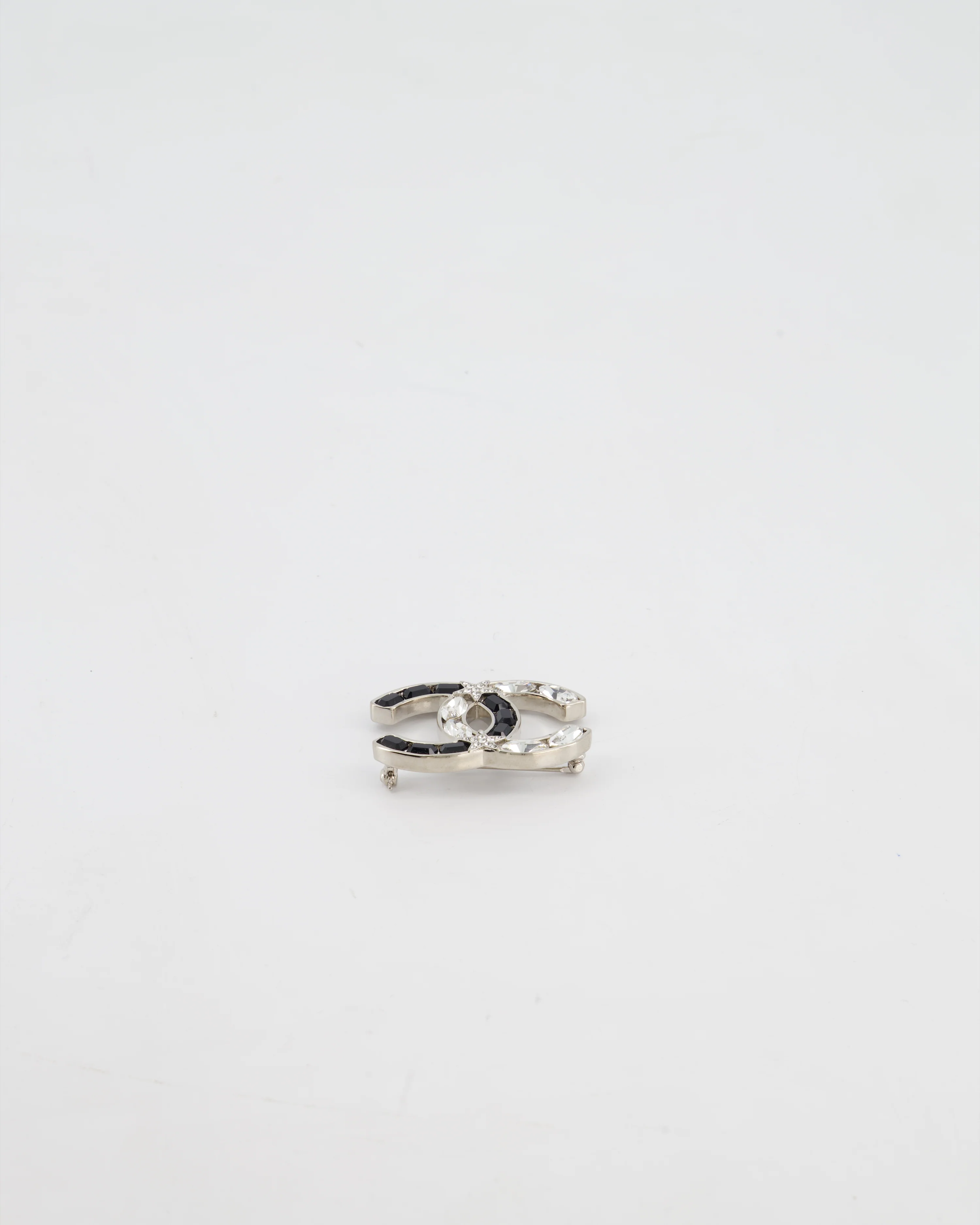 Chanel Silver, Black and Crystal CC Logo with Star Detail Brooch - Image 4