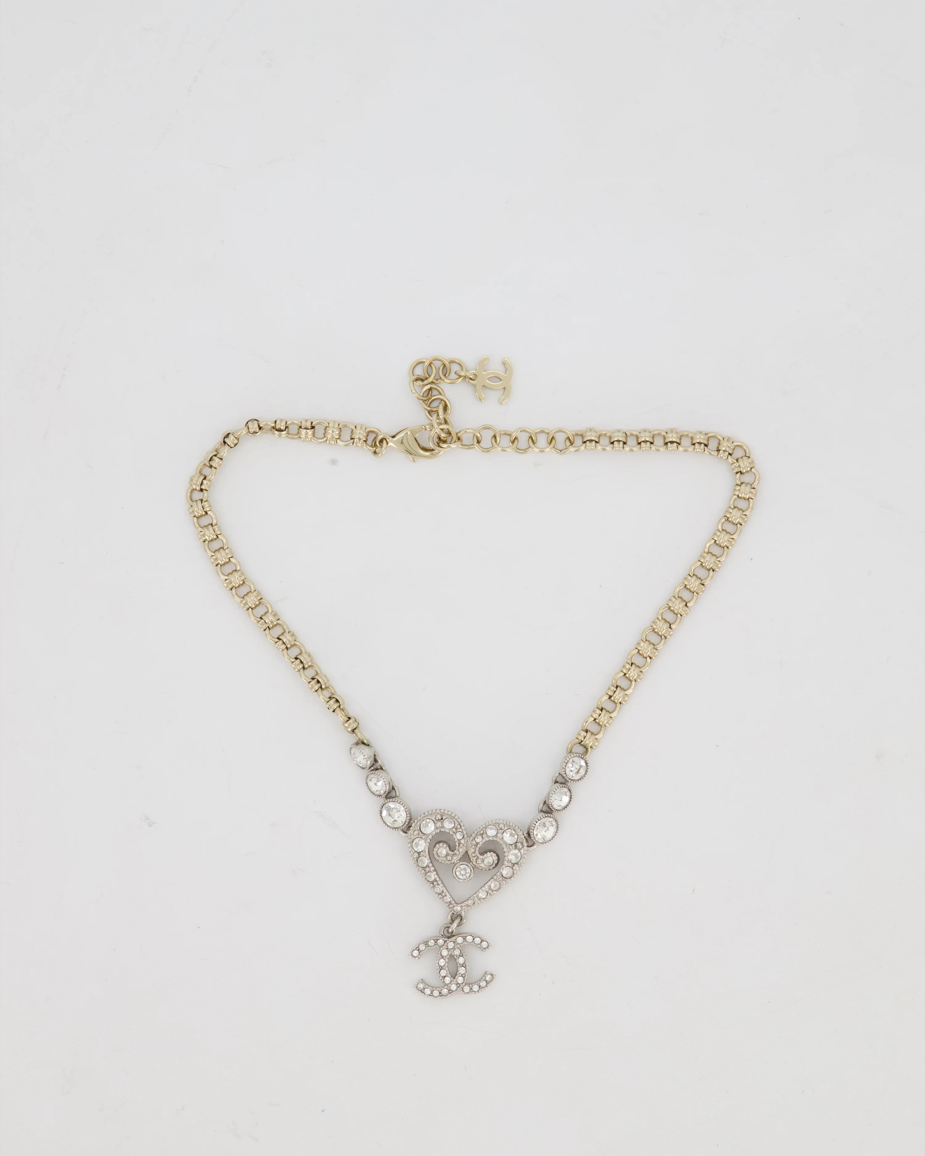 Chanel Silver Diamante CC Logo Necklace with Hearts Details