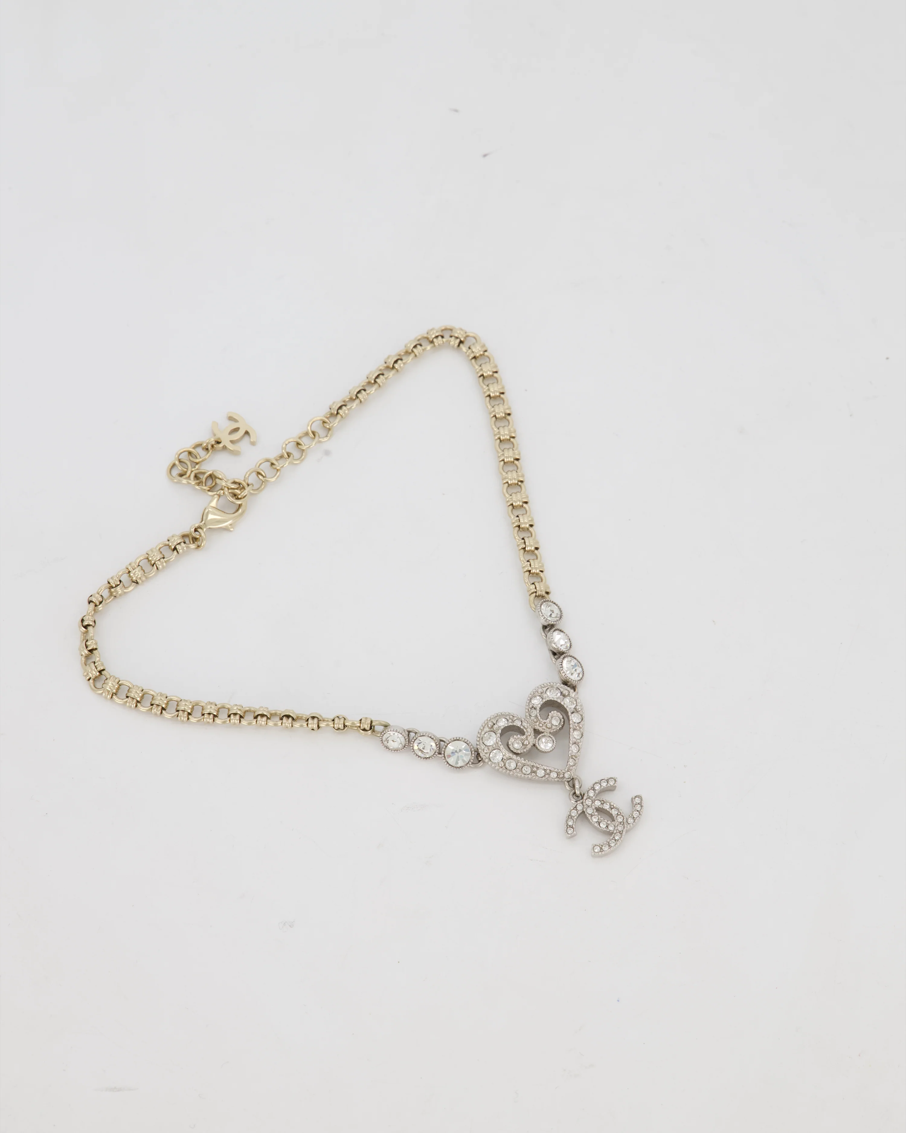 Chanel Silver Diamante CC Logo Necklace with Hearts Details - Image 3
