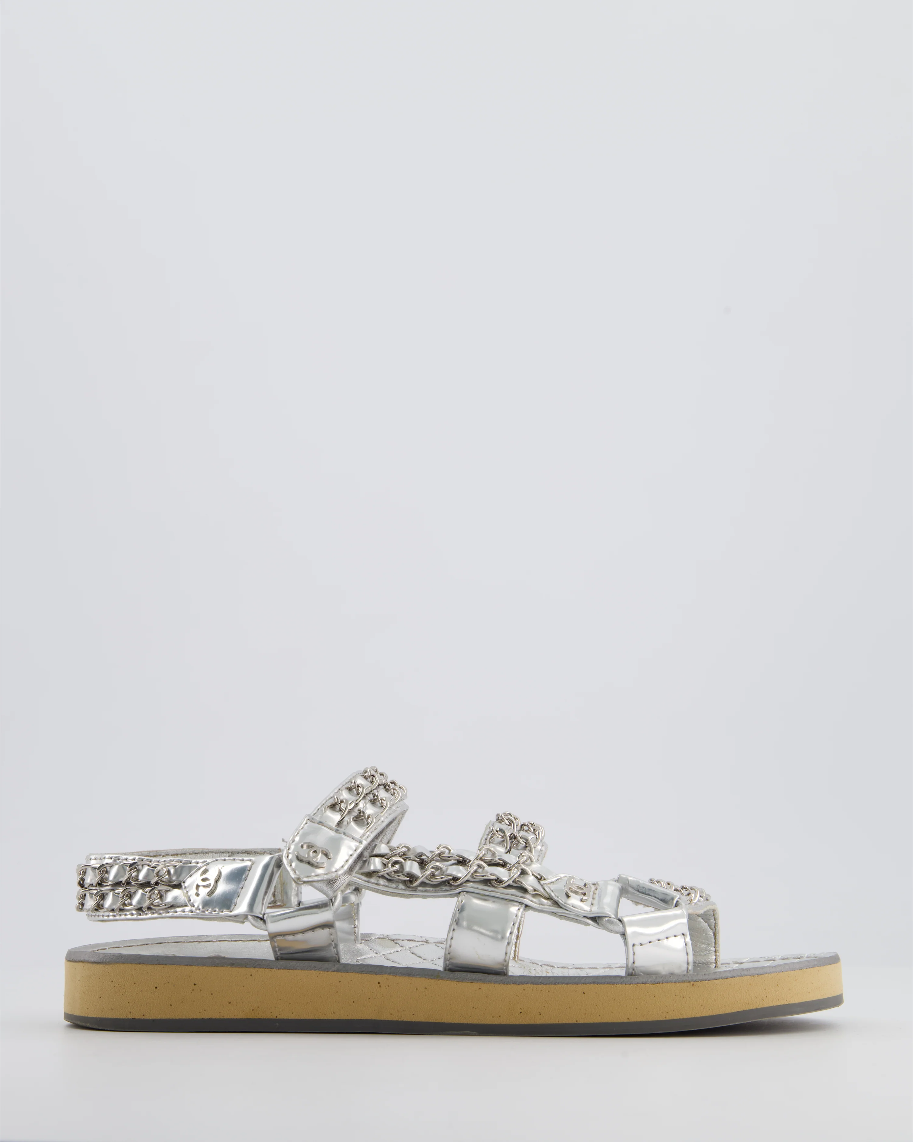 Chanel Silver Laminated Goatskin Dad Sandal with Chain Detail Size EU 37