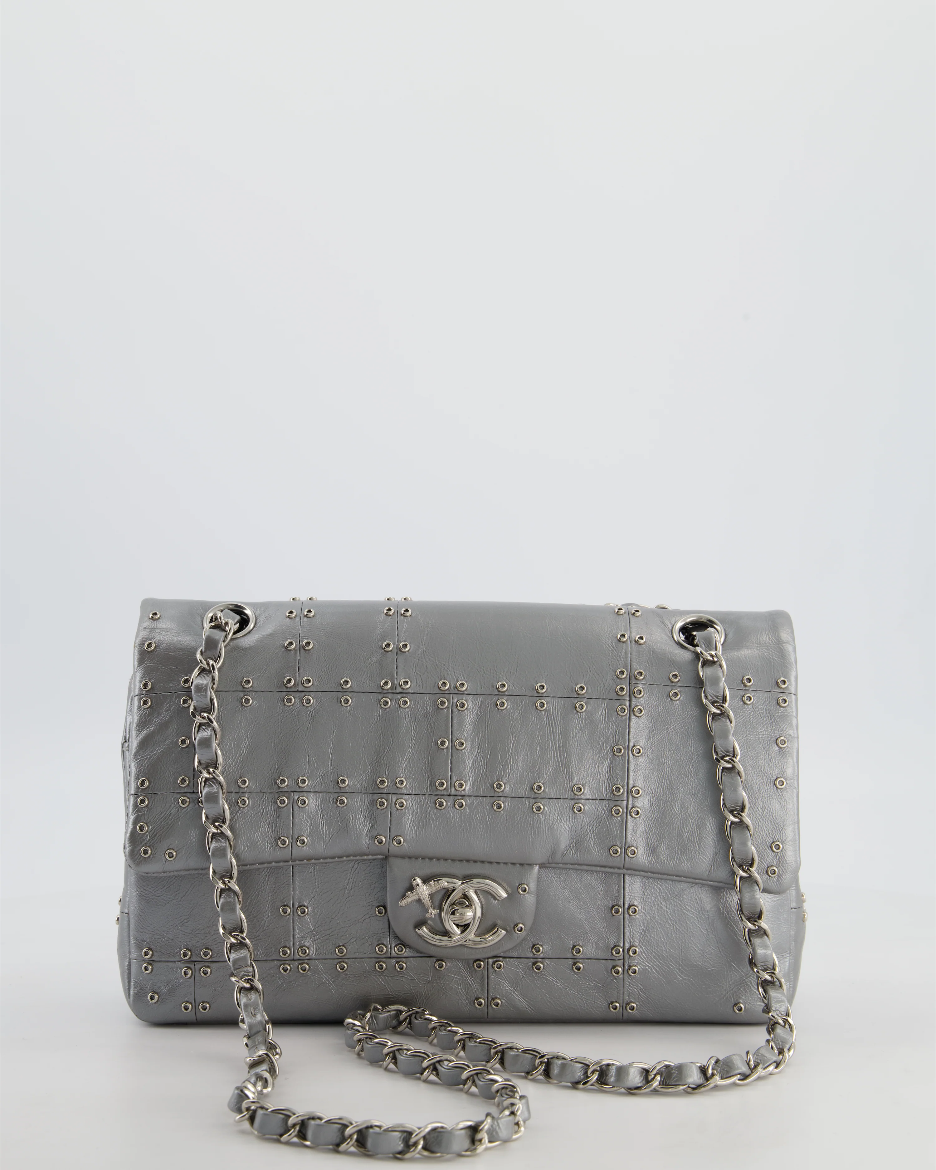 Chanel Silver Medium Airline Double Flap Bag in Glazed Calfskin with Grommet Embellishment Detail and Silver Hardware