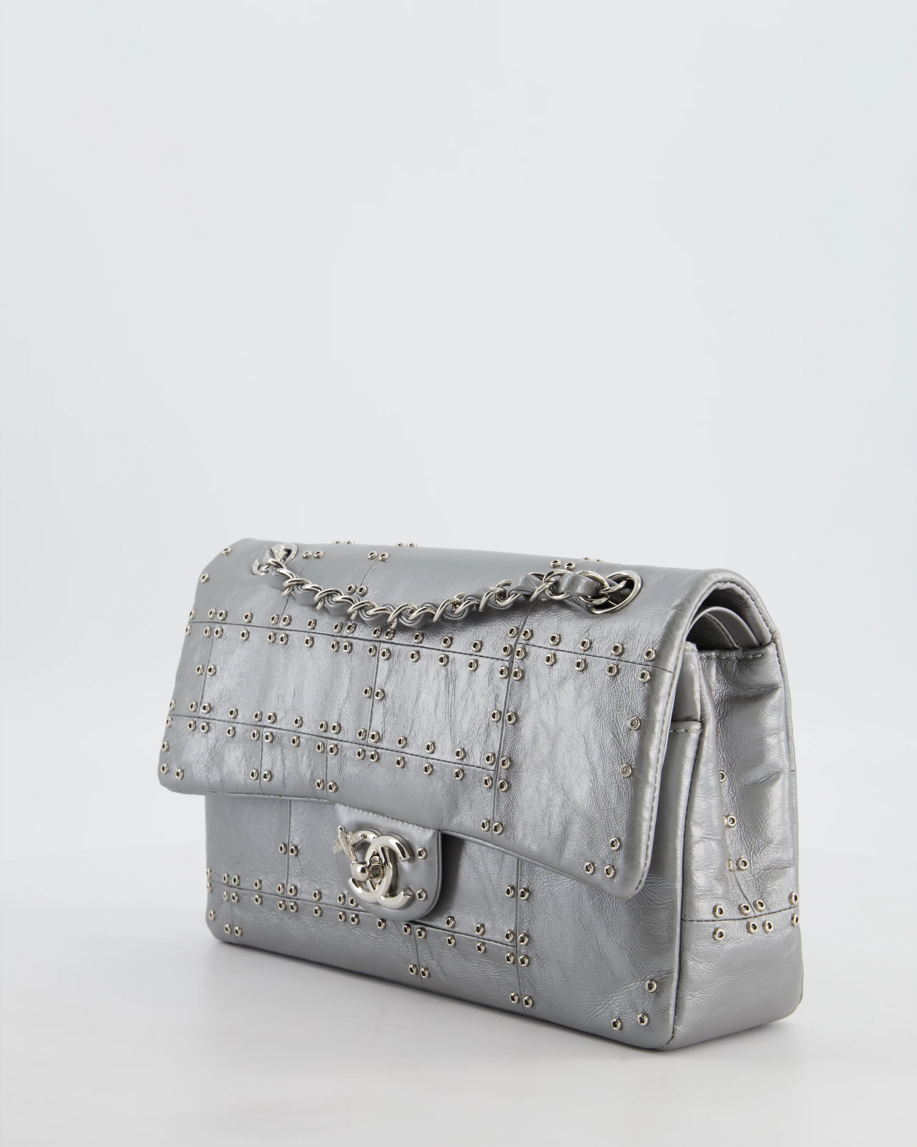Chanel Silver Medium Airline Double Flap Bag in Glazed Calfskin with Grommet Embellishment Detail and Silver Hardware - Image 10