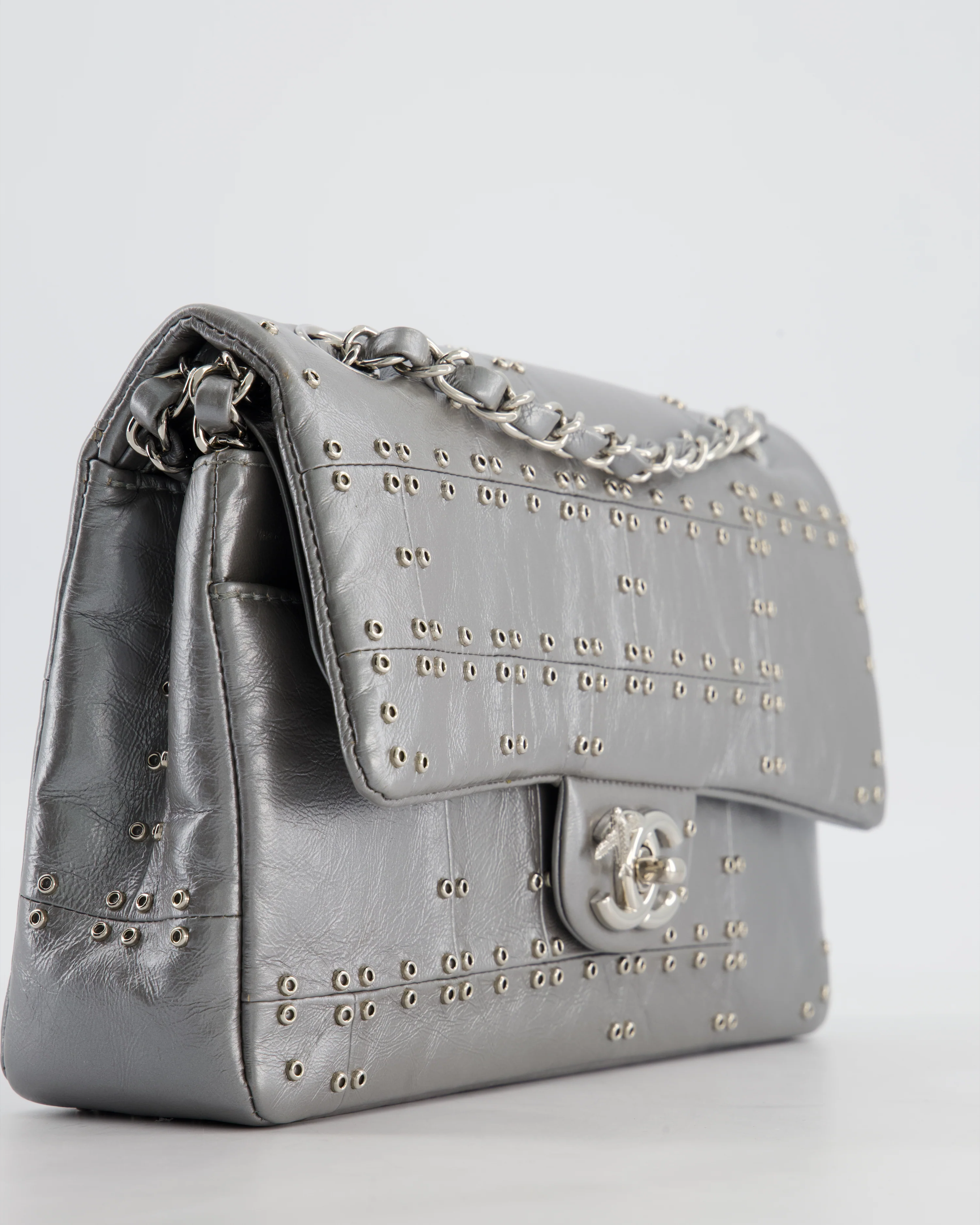 Chanel Silver Medium Airline Double Flap Bag in Glazed Calfskin with Grommet Embellishment Detail and Silver Hardware - Image 11