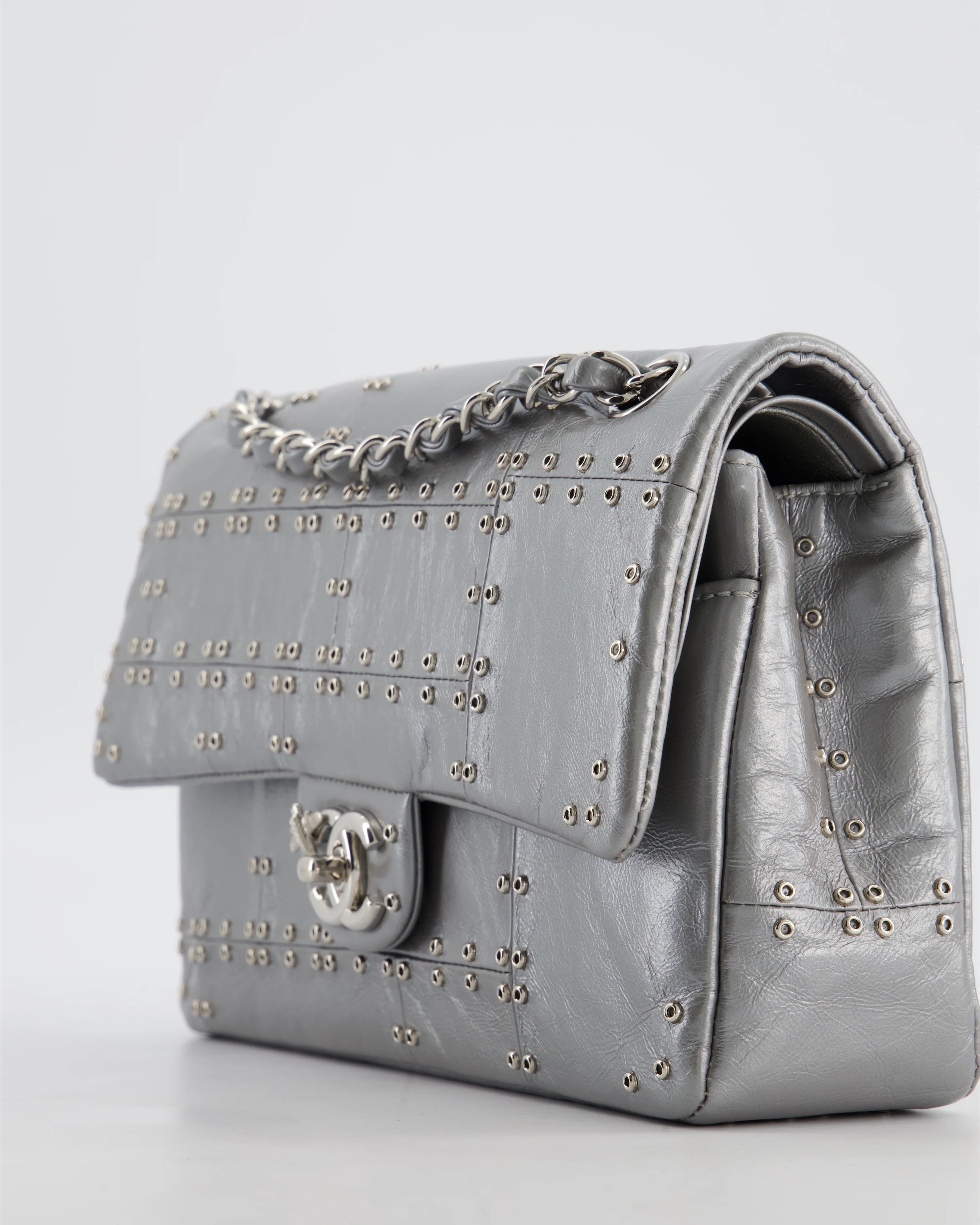 Chanel Silver Medium Airline Double Flap Bag in Glazed Calfskin with Grommet Embellishment Detail and Silver Hardware - Image 12
