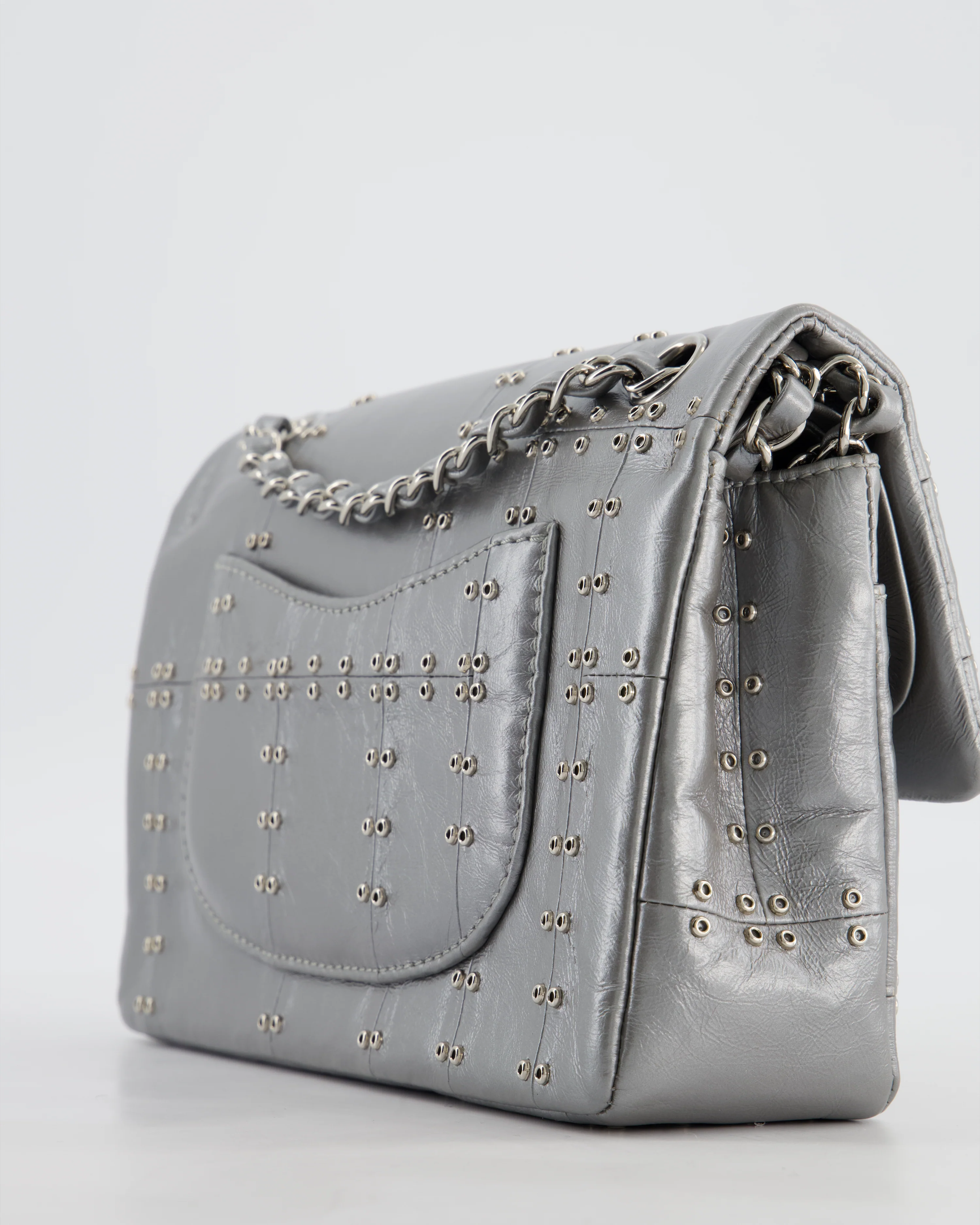 Chanel Silver Medium Airline Double Flap Bag in Glazed Calfskin with Grommet Embellishment Detail and Silver Hardware - Image 13