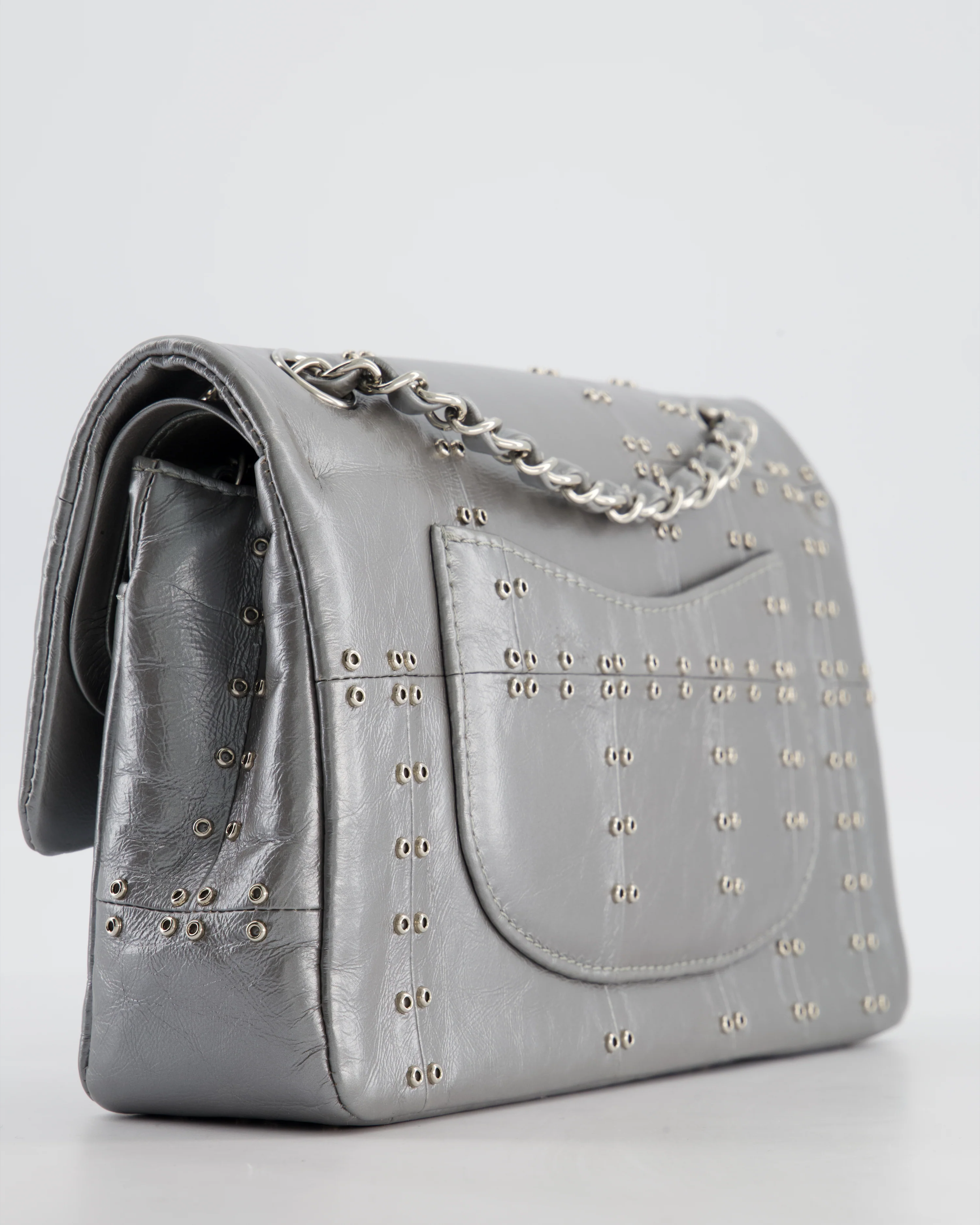 Chanel Silver Medium Airline Double Flap Bag in Glazed Calfskin with Grommet Embellishment Detail and Silver Hardware - Image 14