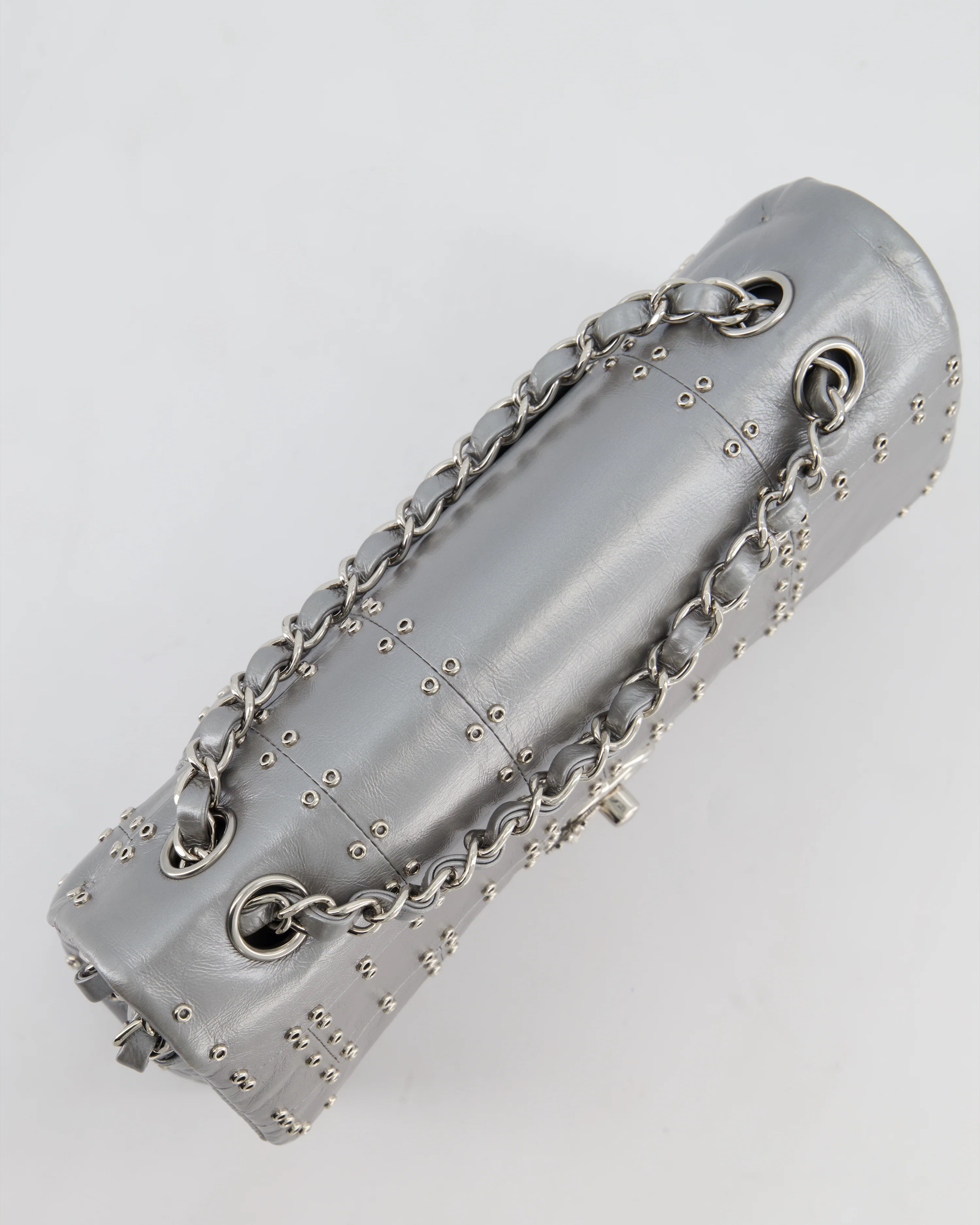 Chanel Silver Medium Airline Double Flap Bag in Glazed Calfskin with Grommet Embellishment Detail and Silver Hardware - Image 16