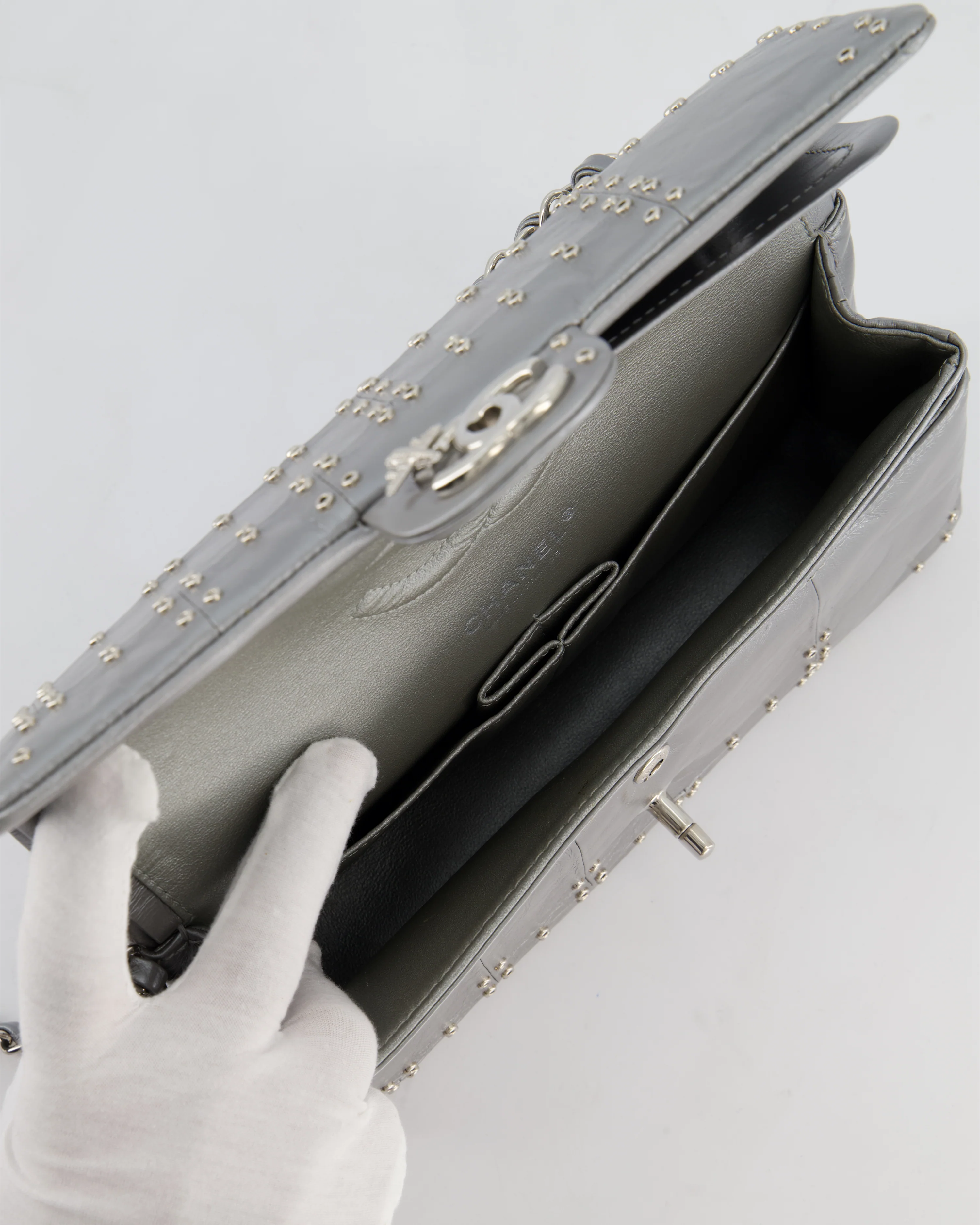 Chanel Silver Medium Airline Double Flap Bag in Glazed Calfskin with Grommet Embellishment Detail and Silver Hardware - Image 17