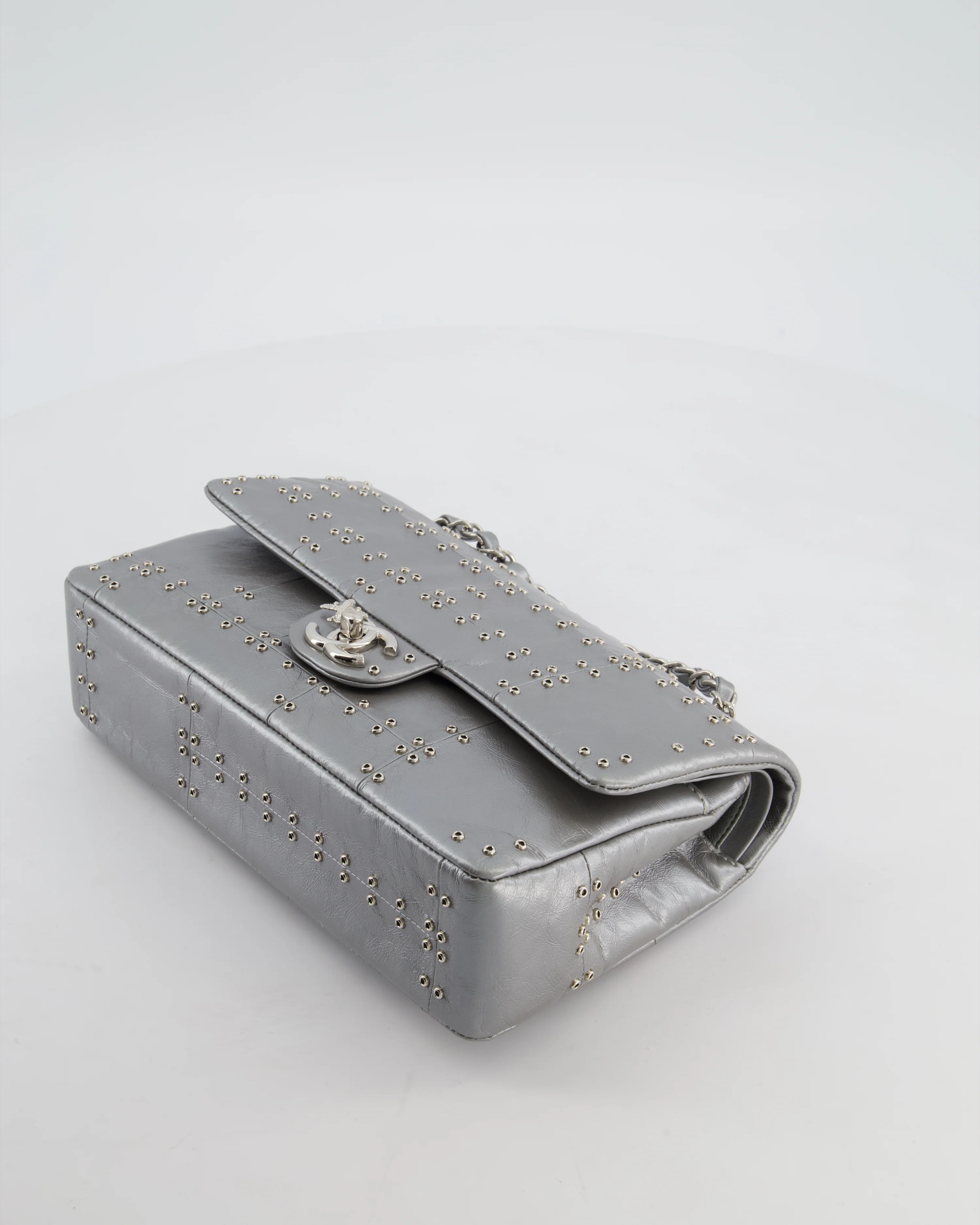 Chanel Silver Medium Airline Double Flap Bag in Glazed Calfskin with Grommet Embellishment Detail and Silver Hardware - Image 19
