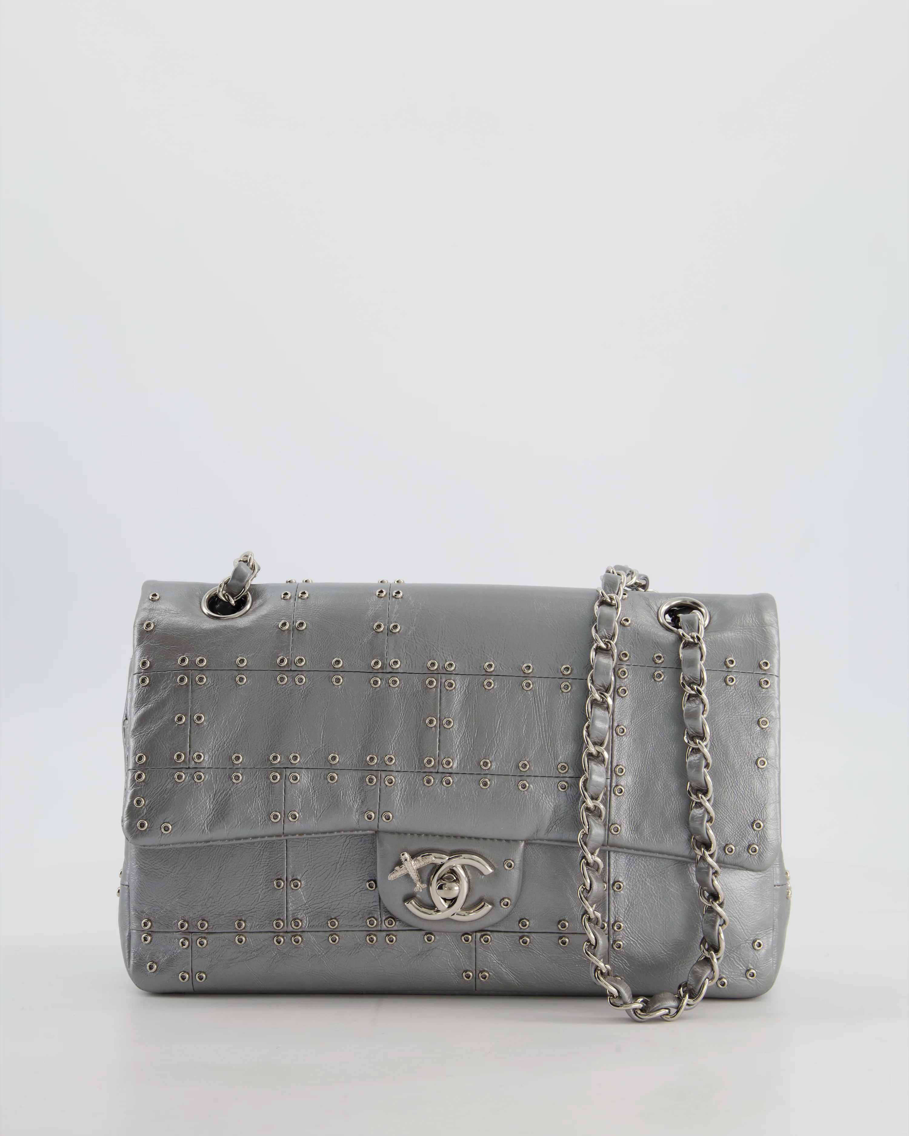 Chanel Silver Medium Airline Double Flap Bag in Glazed Calfskin with Grommet Embellishment Detail and Silver Hardware - Image 2